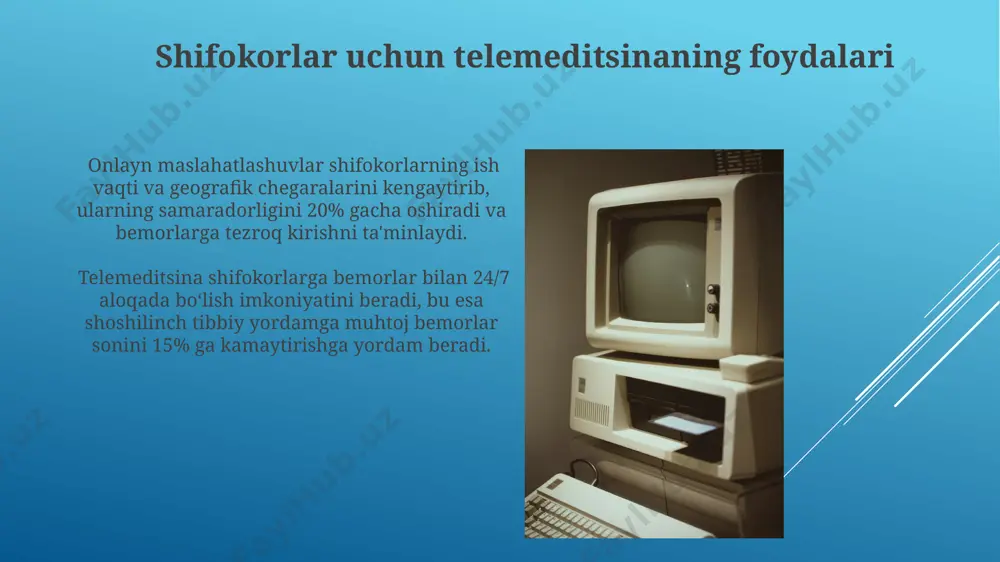 lan, elektron tibbiyot kartalarining integratsiyasi, xarajatlarni 20-30% ga kamaytirishi mumkin. teletibbiyot dasturlari, jumladan, aqlli soatlar va fitness trekerlar bilan integratsiya, yurak urishi va qon bosimi kabi 5 ta muhim fiziologik ko'rsatkichni monitoring qilish imkonini beradi. telemeditsinaning tarixi va rivojlanishi 2020-yildagi covid-19 pandemiyasi teletibbiyotning tez rivojlanishiga va uning global miqyosda keng tarqalishiga olib keldi, millionlab odamlar masofadan turib tibbiy maslahat oldi. 1990-yillarning boshlarida, internetning rivojlanishi bilan birga, teletibbiyot texnologiyalari keng qo'llanila boshlandi va yuqori tezlikli uzatish imkoniyatlari tufayli raqamli tasvirlarni uzatish mumkin bo'ldi. telemeditsina xavfsizligi va maxfiyligi teletibbiyot ma’lumotlarining 99% dan ortigʻi shifrlangan kanallar orqali uzatiladi, ammo bu toʻliq xavfsizlikni kafolatlamaydi, shuning uchun malakali mutaxassislar tomonidan qoʻshimcha himoya choralari talab etiladi. teletibbiyot sessiyalarini yozib olish va saqlashda gdpr va boshqa tegishli qoidalarga rioya qilish, ma’lumotlarning oshkor boʻlish xavfini 5% ga kamaytiradi, lekin toʻliq emas. telemeditsinadagi innovatsiyalar kiberxavfsizlikning kuchayishi va shifrlash texnologiyalarining rivojlanishi bemor ma'lumotlarining maxfiyligini ta'minlashda muhim rol o'ynaydi, bu esa …