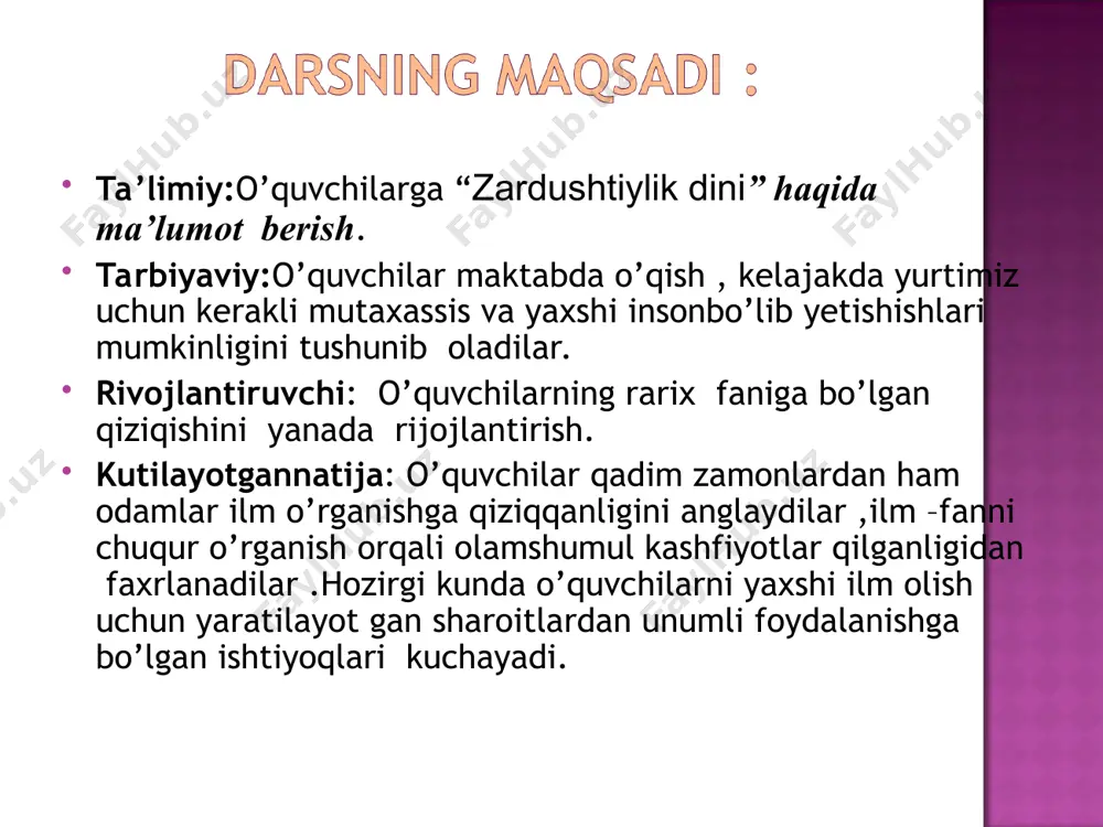 ilgan qonun qoidalar “ degan ma’noni anglatadi. “avesto” 2700 yil avval xorazmda yaratilgan zardushtiylik dining muqaddas kitobi “avesto” deb ataladi.kitobda ahuramazda (“donishmand”,”yuksak”, “daholi”) dunyoni yaratgan xudo deb e’tirof etilgan . eron ahamoniylari podshosi doro iii davrida “avesto” 12 ming qoramol terisiga tilla bilan yozildi va xazinada saqlandi.keyinchalik makedoniyalik aleksandrning bosqinchilik yurishlari chog’ida uning katta qismi yoqib yuborildi.astranomiya va tibbiyot ilmlarga oid qismlari esa yunon tiliga tarjima qilindi. “avesto” o’rta osiyo ,birinchi navbatda o’zbekistonning o’tmish tarixi,ajdodlarimizning e’tiqodi, urf-odatlari haqida eng qadimgi yozma manba sifatida o’rganiladi. olov tuproq suv havo zardushtiylikda 4ta narsa muqaddasdir. mitra ahriman anahita ahuramazda xudolar quyosh va yorug’lik xudosi ezgulik va yahshilik xudosi hosildorlik va suv ilohasi yovuzlik va yomonlik xudosi ahuramazda ahriman mitra anahita zardushtiylik dinida inson vafot etganda olovda yoqilmagan, yerga ko’milgaman suvga oqizilmagan. mana shunday mahsus bino tepaligiga o’likni olib chiqib qo’yilgan. qushlar tanasini yeb ketgandan so’ng suyagini mahsus suyakdon ya’ni “ossuariy”idishda saqlaganlar. mil.avv.1-ming yillikda …