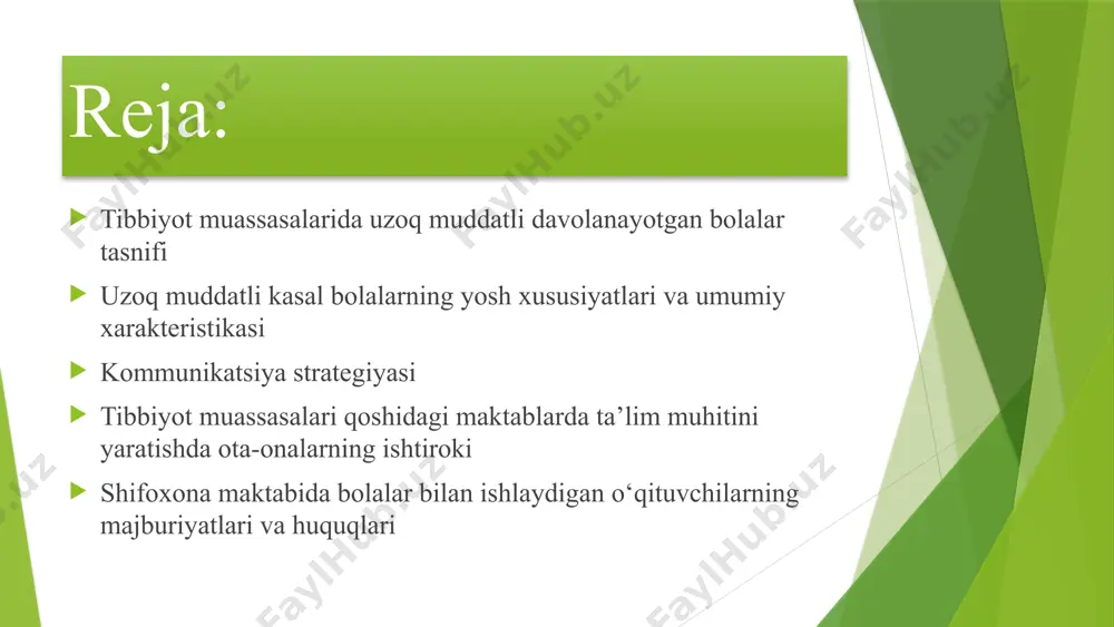 an bolalar uchun ta’lim muhitini tashkil etish xususiyatlari sog‘liqni saqlash davolanish jarayoniga daxldor barcha tadbirlarni amalga oshirish. moslashuvchanlik har bir bola uchun individual yondashuvni ta’minlash. 6 tibbiyot muassasalarida bolalar uchun sotsial (maxsus) sharoitlarni yaratish tibbiy jihozlar tibbiy xonalar, uskunalar, dori-darmonlar bilan ta'minlash. o‘quv jihozlari darsliklar, o‘quv-metodik adabiyotlar, o‘yin-o‘quv uskunalari bilan ta’minlash. dam olish jihozlari bolalar uchun o‘yin-o‘yinchoqlar, kitoblar, tasviriy san’at jihozlari bilan ta’minlash. 7 uzoq muddatli davolanayotgan bolalar uchun individual yondashuvni qo'llash psixologik xususiyatlari bolaning psixologik holati, xususiyatlari, qiziqishlari, qobiliyatlari inobatga olinadi. individual rejalar ta'lim va tarbiya jarayonlari uchun individual rejalashtirilgan dasturlar ishlab chiqiladi. darslar va mashg'ulotlar mashg'ulotlar tarkibi, mazmuni, shakli, metodlari bolaning holati va ehtiyojlariga moslashtiriladi. 8 uzoq muddatli davolanayotgan bolalar uchun ta'lim dasturlarini moslashtirilish ta’lim dasturi asosiy ta’lim dasturi mazmunini va tarkibini moslash. maxsus materiallar o‘quv-metodik majmualarga o‘zgartirish va qo‘shimchalar kiritish. pedagogik texnologiyalar bolaning holatiga moslashtirish va samarali usullarni qo‘llash. 9 tibbiy-ijtimoiy xodimlar bilan hamkorlikda ishlash bolaga yordam …