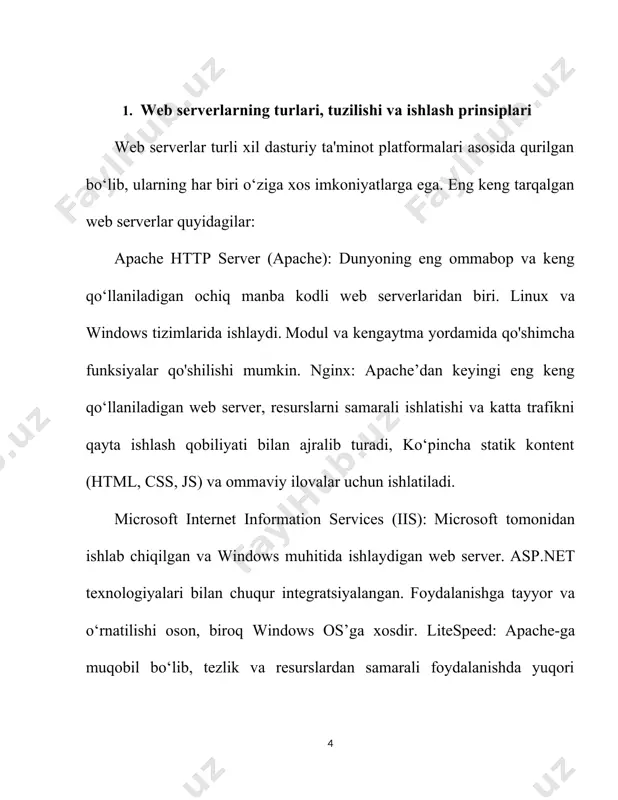zilishi va ishlash prinsiplari mijoz va server o'rtasidagi aloqa mexanizmlarini ta’minlashda muhim rol o‘ynaydi. har bir server o‘ziga xos jihatlarga ega bo‘lib, foydalanish sohasiga qarab tanlanadi. 2. web serverlarni o‘rnatish va konfiguratsiya qilish web serverni o‘rnatish va konfiguratsiya qilish web ilovalar yoki saytlarni foydalanuvchilarga yetkazib berishning muhim qismidir. serverni to‘g‘ri sozlash uning samaradorligini, xavfsizligini va barqaror ishlashini ta’minlaydi. quyida apache va nginx web serverlarini o‘rnatish va asosiy konfiguratsiyalash jarayonlarini ko‘rib chiqamiz. apache http serverini o‘rnatish turli operatsion tizimlarda oddiy bo‘lib, odatda quyidagi qadamlarni o‘z ichiga oladi: · linux (debian/ubuntu) tizimida o‘rnatish: terminalni oching va quyidagi buyruqni kiriting · apache serveri o‘rnatilgandan so‘ng, uning xizmatini ishga tushiring va avtomatik ishga tushirilishini sozlang windows tizimida o‘rnatish: · apache lounge yoki xampp kabi to‘plamlar orqali apache serverini yuklab olish va o‘rnatish mumkin. · apache serverini o‘rnatib, kerakli xostlar faylini o‘zgartirish orqali veb-saytlarni ishga tushirish mumkin. konfiguratsiya qilish: apache server konfiguratsiya fayllari asosan quyidagi …