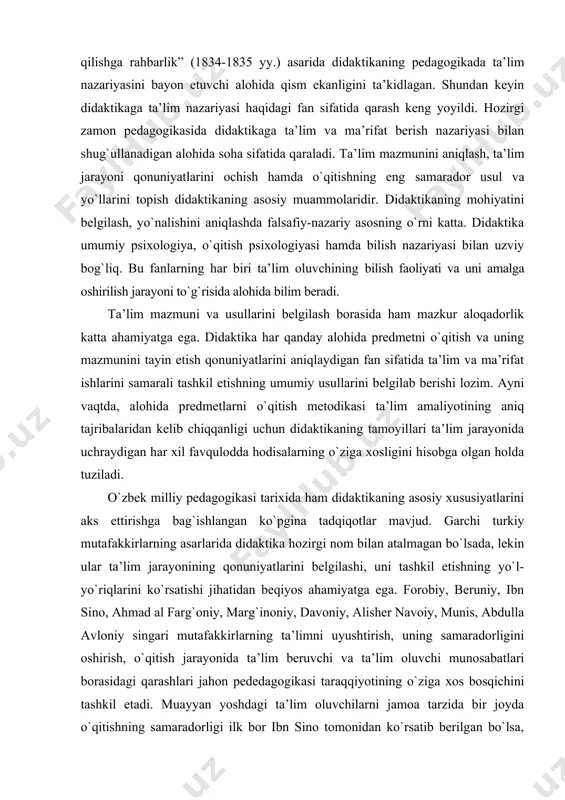 riqlarini ko`rsatishi jihatidan beqiyos ahamiyatga ega. forobiy, beruniy, ibn sino, ahmad al farg`oniy, marg`inoniy, davoniy, alisher navoiy, munis, abdulla avloniy singari mutafakkirlarning ta’limni uyushtirish, uning samaradorligini oshirish, o`qitish jarayonida ta’lim beruvchi va ta’lim oluvchi munosabatlari borasidagi qarashlari jahon pededagogikasi taraqqiyotining o`ziga xos bosqichini tashkil etadi. muayyan yoshdagi ta’lim oluvchilarni jamoa tarzida bir joyda o`qitishning samaradorligi ilk bor ibn sino tomonidan ko`rsatib berilgan bo`lsa, muallimning o`zida ezgu insoniy sifatlar bo`lmasa, ta’lim oluvchilarda bunday xislatlarni shakllantirish mumkin emasligi navoiy asarlarida aks etgan. marg`inoniy esa, bilimlarni o`zlashtirish yuzasidan umumiy tavsiyalar beribgina qolmay, o`rganilgan tushunchalarni ta’lim oluvchilar xotirasida uzoqroq saqlash yuzasidan aniq metodik usullar ham tavsiya etgan. o`zbek milliy didaktikasining shakllanishida jadidchilik harakati, xususan, munavvarqori abdurashidxonov, abduqodir shukuriy, a. ibodiev, m. behbudiy, a. avloniy, s. saidazizov, r. yusufbekov kabi ma’rifatparvar pedagoglarning faoliyati alohida muhim bosqich bo`ldi. 20-asr boshlarida vujudga kelgan jadidchilik turkiy xalqlarning qadimiy shonu shuhratini tiklash uchun uni ma’rifatli qilishdan o`zga yo`l yo`qligini …