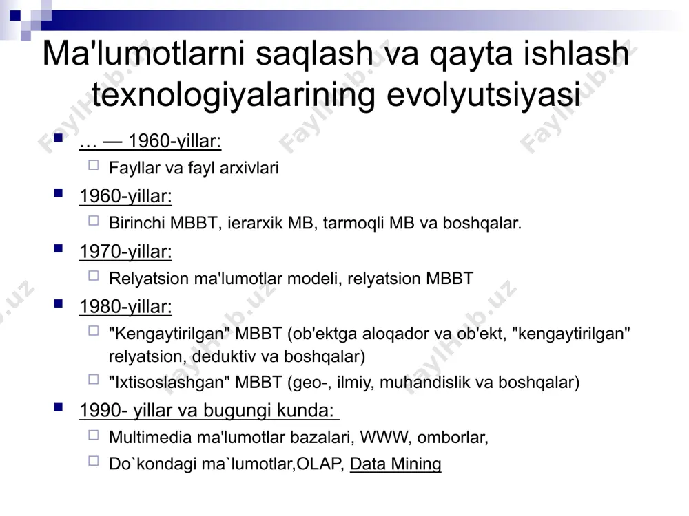 . tahlil uchun ma'lumotlarni shakllantirish va tayyorlash: "xom (tayyor bo`lmagan) " ma'lumotlarni qidirish (yoki tanlash), yig'ish (konsolidatsiya) quyi tizimini amalga oshirish mumkin ma'lumotlarni oldindan qayta ishlash (normallashtirish, diskretlashtirish, yetishmayotgan qiymatlarni qayta ishlash, artefaktni olib tashlash, mustahkamlikni tekshirish) o'lchamlarni qisqartirish, muhim xarakteristikalar tanlash, integral ko'rsatkichlar va invariantlarni hisoblash yechish kerak bo'lgan tahlil muammosining turini aniqlash: tasniflash, bashorat qilish, klasterlash, istisnolarni qidirish, assotsiativ tahlil va boshqalar. 5 2- mit jarayonlari tahlil algoritmini tanlash (yoki ishlab chiqish): dastlabki ma'lumotlar turi bo'yicha aniqlik, o'lcham, talqin qilish, qurish tezligi va olingan modellarni qo'llash bo'yicha algoritmga qo'yiladigan cheklovlar va talablarni aniqlash. «data mining» jarayonlar: tanlangan turdagi va qurilish modellarining naqshlarini izlash uchun tanlangan tahlil algoritmini qo'llash modellarni tasdiqlash va tahlil natijalarini taqdim etish: vizualizatsiya, transformatsiya, ortiqcha narsalarni olib tashlash, aniqlikni baholash, modellarning ishonchliligi va boshqalar. o'rnatilgan modellarni qo'llash: descriptive data mining - tahlilchiga ma'lumot berish, "tavsiflovchi" modellar, asosiy maqsad - vizualizatsiya predictive data mining – qurilgan …