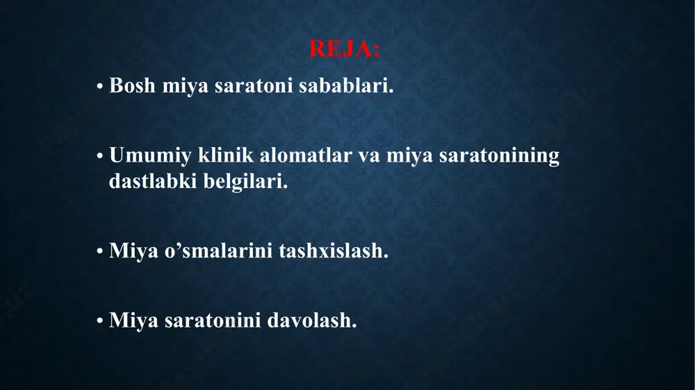 nining dastlabki belgilari idrok qilish, atrofda nima yuz berayotganini tushunish qiyinligi; asta-sekin tempda suhbat qilish, bemor so’zlarni tanlashga qiynalishi; boshqa ruhiy buzilishlar. kasallik mahalliy alomatlar bilan ham aniqlanadi, bunda harakat funktsiyalarining buzilishi kuzatiladi: tananing chap yoki o’ng tomoni harakatsizligi, konvulsiv xarakterli tortishishlar, eshitish, ko’rish buzilishi. kalla suyagi ichidagi bosim oshsa, alomatlar ham kuchayib boradi, bemorning komaga tushib qolishi tahdidi paydo bo’ladi. miya o’smalarini tashxislash o’sma kalla suyagi ichida joylashgani sababli, ushbu kasallikni o’z vaqtida tashxislash qiyin bo’ladi. ba’zan katta o’lchamdagi o’simtalar zaif alomatlar bilan namoyon bo’ladi, kichik o’lchamdagilari esa yorqin alomatlar bilan. kasallik alomatlari zaif ifodalanar ekan, bemorlar kamdan-kam hollarda shifokorga murojaat qilishadi, faqatgina bemorning ahvoli jadal ravishda yomonlashib borayotgandagina bunga e’tibor qaratiladi. miya o’smalarini tashxislash turlicha usullarida amalga oshiriladi. noinvaziv usullar: nevrologik tekshiruv; patopsixologik tekshiruv; neyrooftalmologik tekshiruv; otonevologik tekshiruv; kompyuterli tomografiya; exoensefalografiya (ultratovush); elektroensefalografiya. miya o’smalarini tashxislash invaziv usullar: likvorni tekshirish: likvorning bosimi, likvorda oqsil mavjudligi, sitologik tekshiruv, likvor …