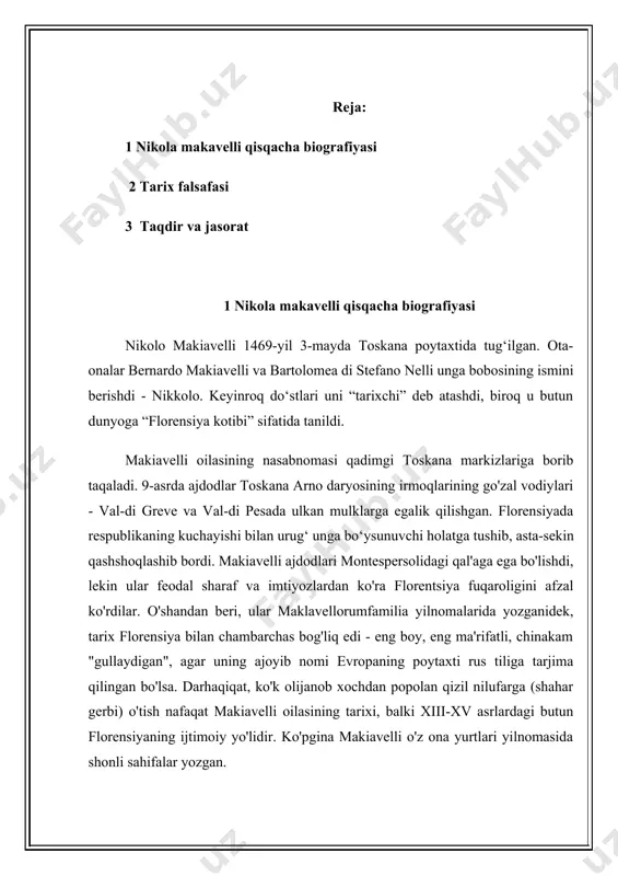 , ammo u o'z farzandlarini (ikkita opa-singildan tashqari - margarita va primaveradan tashqari - nikoloning akasi totto edi) cherkovning haddan tashqari qattiqqo'lligidan holi ruhda tarbiyalagan. bo'lajak siyosatchi onasidan she'riy sovg'a, musiqaga muhabbat, otasidan o'qishga bo'lgan ishtiyoqni meros qilib oldi. ammo uyg'onish davri atmosferasi eng yaxshi o'qituvchi bo'lib chiqdi. muhtasham lorentso davrida san'at va maktublarning yorqin yuksalishi yosh nikkoloni qo'lga kiritdi, uning iste'dodini rivojlantirdi, dunyoqarashini o'tkirlashtirdi va xarakterini shakllantirdi. etti yoshidan boshlab nikolo donatelloning o'sha paytdagi mashhur darsligi bo'yicha lotin tili asoslarini o'rganishni boshladi. 1480 yil yanvar oyida u hisobni o'rganishni boshladi va bir yil o'tgach, paolo ronciglione maktabida u allaqachon lotin tilida kompozitsiyalarni yoza boshladi. biroq, bu uning boshlang'ich ta'limining oxiri edi. oilaning kamtarona moddiy imkoniyatlari uni universitetga kirishga imkon bermadi. ba'zi mualliflarning makiavelli olgan "yorqin va jiddiy ta'lim" haqidagi bayonotlari, shekilli, uning doimiy o'z-o'zini tarbiyalashning ajoyib natijalari bilan izohlanishi kerak. darhaqiqat, qadimgi adabiyot klassiklarining butun bir galaktikasi: platon va …