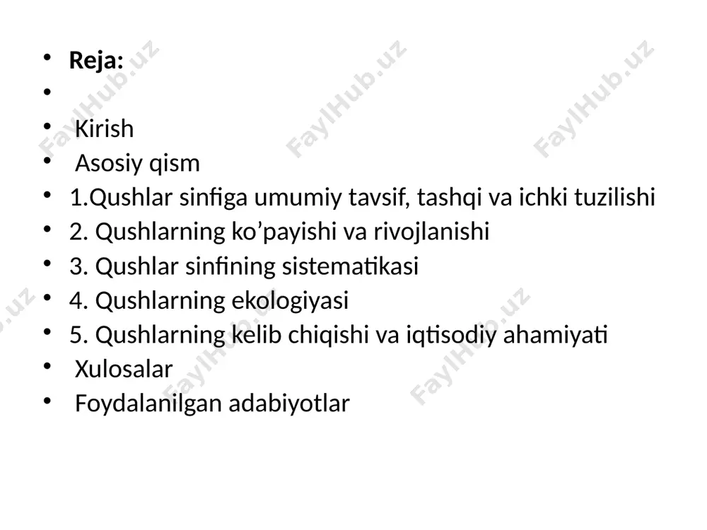 qushlar tanasidagi issiqlikni saqlaydi. qushlar vaqti-vaqtida tullaydi: eskirgan patlari tushib ketib, o’rniga yangilari o’sib chiqadi. skeleti. qushlar skeleti bir qancha bo’limlardan iborat: bosh suyagi, umurtqa pog’onasi,oyoq kamari va oyoqlardan iborat. suyaklarda havo bo’shlig’i bo’lganligi tufayli skeleti yengil bo’ladi. uchmaydigan va sho’ng’iydigan qushlarning skeleti og’ir bo’ladi. suyaklar yupqa, yengil va pishiq, naysimon suyaklar havo bilan to’lgan. kaptar skeleti ovqat hazm qilish sistemasi- og’iz bo’shlig’idan boshlanib, halqum va qizilo’ngach bilan davom etadi. qizilo’ngachning kengaygan qismi jig’ildonni hosil qiladi. qushlar oshqozoni ikkita: olti qismdagi yupqa devorli bezli oshqozon va keyingi qismdagi qalin devorli muskulli oshqozon, yoki bo’takaylarga bo’linadi. muskulli oshqozondan o’n ikki barmoqli ichak va oshqozon osti bezi atrofida sirtmoq hosil qiladi so’ngra to’g’ri ichak bevosita kloakaga ochiladi. nafas olish tizimi. qon aylanish tizimi va yuragining tuzilishi. bosh miyasining tuzilishi. ayirish va jinsiy organlari. ko’payishi va rivojlanishi. qishki sovuq kunlar o'tib havo isiy boshlashi bilan qushlar ko'payishga tayyorgarlik ko'ra boshlaydi. ayrim qushlar erta …