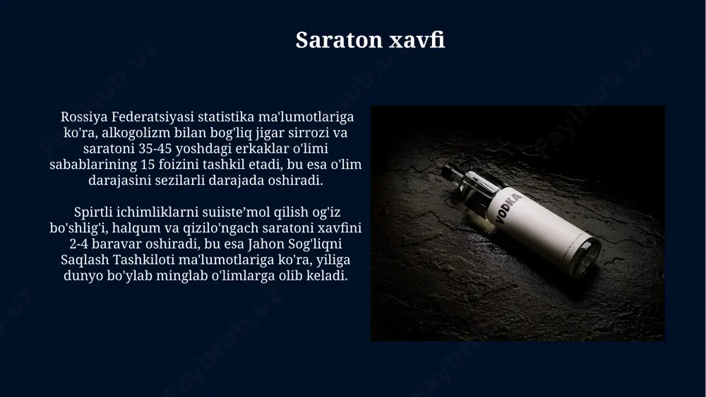 ida immunitet tizimining faoliyati 50% gacha pasayishi mumkin, bu esa oʻzbekistondagi yuqumli kasalliklar xavfini 2-3 baravar oshiradi. alkogol tanadagi b vitaminlarining, ayniqsa b6 va b12 vitaminlarining etishmasligiga olib keladi, bu esa immunitetning zaiflashishiga va qo'shimcha infektsiyalarga moyillikning oshishiga olib keladi, bu holat aqshda 10 million odamda kuzatiladi. yurak-qon tomir kasalliklari spirtli ichimliklarni suiiste'mol qilish o'zbekistonda yurak-qon tomir kasalliklari, xususan, miokard infarkti xavfini 2-3 baravar oshirishi aniqlangan. surunkali alkogolizm andijon viloyati aholisi orasida yurak yetishmovchiligi va gipertenziya kabi kasalliklarning 15% ga yaqinini keltirib chiqarishi kuzatilgan. jigar sirrozi va boshqa kasalliklar alkoqolga bog'liqlik, jigar sirrozi bilan bir qatorda, oshqozon osti bezi yallig'lanishi (pankreatit) xavfini 10 baravar oshiradi, bu esa samarqand viloyatida jigar kasalliklari bilan bog'liq o'limlar sonini ko'paytiradi. jigar sirrozi va boshqa alkoqolga bog'liq kasalliklar natijasida toshkent shahrida yiliga 2000 dan ortiq kishi nogiron bo'lib qoladi, bu esa ijtimoiy himoya tizimiga qo'shimcha yuk qo'shadi. jinsiy funksiyaning buzilishi spirtli ichimliklarni suiiste'mol qilish natijasida …