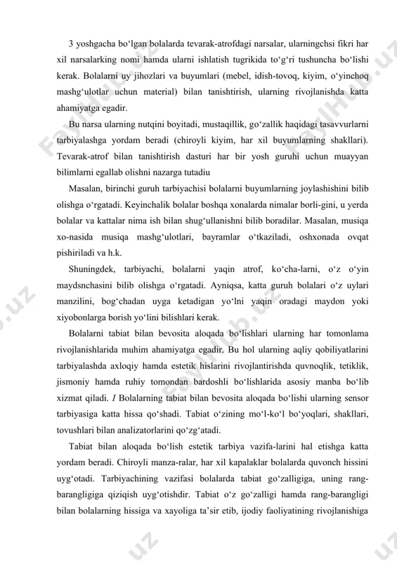 zalligiga, uning rang-barangligiga qiziqish uyg‘otishdir. tabiat о‘z gо‘zalligi hamda rang-barangligi bilan bolalarning hissiga va xayoliga ta’sir etib, ijodiy faoliyatining rivojlanishiga yordam beradi. tabiat bolalarda vatanparvarlik hissini uyg‘otishda ham katta ta’sir kо‘rsatadi. bolalarning yoshligida ta​biat boyligidan olgan taassurotlari vatan tо‘g‘risidagi tushunchalarni aniq mazmun bilan boyitadi. bolalarning katta yoshdagilar bilan о‘zaro muloqoti ularni har xil kasbdagi kishilar mehnati bilan ta-nishtirishda muhim ahamiyat kasb etadi. bu о‘rinda tar-biyachining asosiy vazifasi bolalarda kattalar mehnatiga hurmatni tarbiyalash, ularning mehnat faoliyatini bolalarga tushuntirish va mehnat qilish ehtiyojini uyg‘otishdir. bolalarning mehnat tо‘g‘risidagi tushunchalari qanday qilib kengayib va chuqurlashib borishi bolalar bog‘chasi dasturvda kо‘rsatib berilgan. kichik guruxdagi bolalar bog‘chada ishlaydigan kishilarning mehnati, onaning uydagi yumushlari kuchadagi transport vositalari bilan tanishtiriladi. о‘rta guruh bolalar-ning mehnat turlari va mehnat jarayonidagi izchillik, mehnatda kerak bо‘ladigan buyumlarning nomlari bilan tanishtiriladi. katta yoshdagi bolalar mehnatining ahamiyati, ya’ni hamma kishilar jamiyat uchun mehnat qiladilar, degan xulosa chiqarishga о‘rgatiladi. bolalarning о‘yinlari, rasmlari ham ularda texnika …