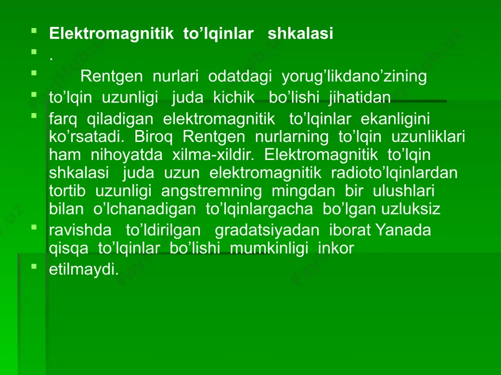 urlanayotgan energiyaning umumiy quvvati tez ortadi , biroq nurlanish maksimumi tobora qisqa to’lqinlarga to’g’ri keladi , shuning uchun uzun to’lqinli nurlar energiyasi uncha ko’p ortmaydi . hozirgi vaqtda to’lqin uzunligi taxminan 1 mm bo’lgan infraqizil to’lqinlar kuzatiladi. yanada uzunroq elektromagnitik to’lqinlar elektromagnitik tebranishlar hosil qilish metodi bo’yicha osonroq yaratilar ekan; birinchi bo’lib gers ishlatgan bu metodni biz elektr to’g’risidagi talimotda o’rganamiz. infraqizil to’lqinlar bilan gers to’lqinlari orasidagi oraliqni to’ldirish borasidagi ishlarda rus tatqiqotchilarining ya’ni p.n.lebedev, m.a.levitskaya, a.a.arkadeva-glagolevalarning ishlari muhim rol o’ynaydi. xulosa. infraqizil to’lqinlar elektromagnit to’lqinlar hisoblanadi. bunday to’lqinlarni qizdirilgan har qanday jism xatto bu jism yorug’lik chiqarmayotganda ham nur chiqaradi. masalan honadagi issiq pechka yoki isitish batareyasi atrofidagi jismlarni sezilarli darajada isituvchi infraqizil to’lqinlar chiqaradi. shuning uchun in fraqizil to’lqinlar ko’pincha issiqlik to’lqinlari deb ataladi. ko’zga ko’rinmas infraqizil to’lqinlarning uzunligi qizil nurlar to’lqin uzunligidan katta bo’ladi. elektr yoyining va cho’g’lanma lampaning nurlanish energiyasining maksimal qiymati infraqizil nurlarga to’g’ri keladi. …