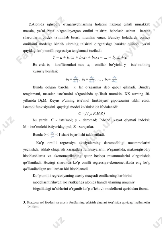 ni 5% muhimlik darajasi bo'yicha mohiyatliligini tekshiring. xulosalar bering. 3) spirmen ranglar korrelyasiya koeffisienti bo'yicha tekshiring. yechish: 1) hisoblashlarni amalga oshirish uchun quyidagi ishchi jadvalini tuzamiz: y x yx x2 y2 ai,% 1 736 49 36064,00 541696,00 2401,00 336,91 399,09 2 197 35 6895,00 38809,00 1225,00 332,32 -135,32 3 254 41 10414,00 64516,00 1681,00 334,29 -80,29 4 112 39 4368,00 12544,00 1521,00 333,63 -221,63 5 145 43 6235,00 21025,00 1849,00 334,94 -189,94 6 176 41 7216,00 30976,00 1681,00 334,29 -158,29 7 50 42 2100,00 2500,00 1764,00 334,62 -284,62 8 76 39 2964,00 5776,00 1521,00 333,63 -257,63 9 44 47 2068,00 1936,00 2209,00 336,26 -292,26 10 81 35 2835,00 6561,00 1225,00 332,32 -251,32 11 40 45 1800,00 1600,00 2025,00 335,60 -295,60 12 73 43 3139,00 5329,00 1849,00 334,94 -261,94 13 41 46 1886,00 1681,00 2116,00 335,93 -294,93 14 30 37 1110,00 900,00 1369,00 332,98 -302,98 jami 2055,00 582,00 89094,00 735849,00 24436,00 …