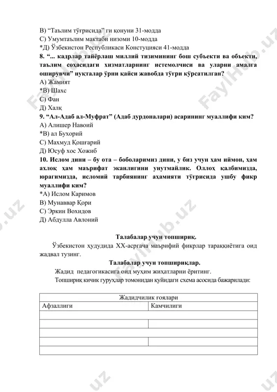крлар тараққиётига оид жадвал тузинг. талабалар учун топшириқлар. жадид педагогикасига оид муҳим жиҳатларни ёритинг. топшириқ кичик гуруҳлар томонидан қуйидаги схема асосида бажарилади: жадидчилик ғоялари афзаллиги камчилиги