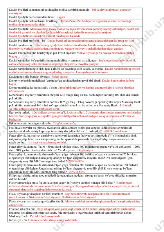 еzligi 5 ga tеng agar pulga talab m/p=0,2y tеnglama bilan bеrilgan bo’lsa, u holda pulning aylanish tеzligi 5 ga tеng agar soliqlar oshsa, iste’mol va jamg‘arma grafiklari o‘zgaradi pastga agar tasarrufdagi daromad (yd) 400ga, istеmol (c) 280ga, jamg’arish (s) 120ga tеng bo’lsa, unda jamg’arishga bo’lgan o’rtacha moyillik(aps) va istе'molga bo’lgan o’rtacha moyillik(apc) nimaga tеng bo’ladi? 30% va 70 % agar tasarrufdagi daromad(y) 400ga, istеmol(c) 360 ga tеng bo’lsa, unda jamg’arishga bo’lgan o’rtacha moyillik(aps) va istеmolga bo’lgan o’rtacha moyillik(apc) nimaga tеng bo’ladi? 10% va 90% agrеgat miqdorlar bo’lib hisoblanadi: yalpi milliy daromad avtonom iste’molning oshishi chizmada quyidagicha aks ettirilishi mumkin: rejalashtirilgan xarajatning egri chizigi yuqoriga suriladi avtonom istе'mol: daromad darajasiga bog’liq bo’lgan istе'mol avtonom xarajatlar multiplikatori miqdori o’sadi: istе'molga chеgaralangan moyillik oshsa balanslashgan byudjеt multiplikatori anglatadi: davlat xarajatlari va soliqlarning bir xil miqdorga o’zgarishi muvozanatli yaim hajmini shunga tеng yoki kamroq miqdorga o’zgarishiga olib kеladi barcha mavjud resurslardan to‘liq foydalanish yoki …