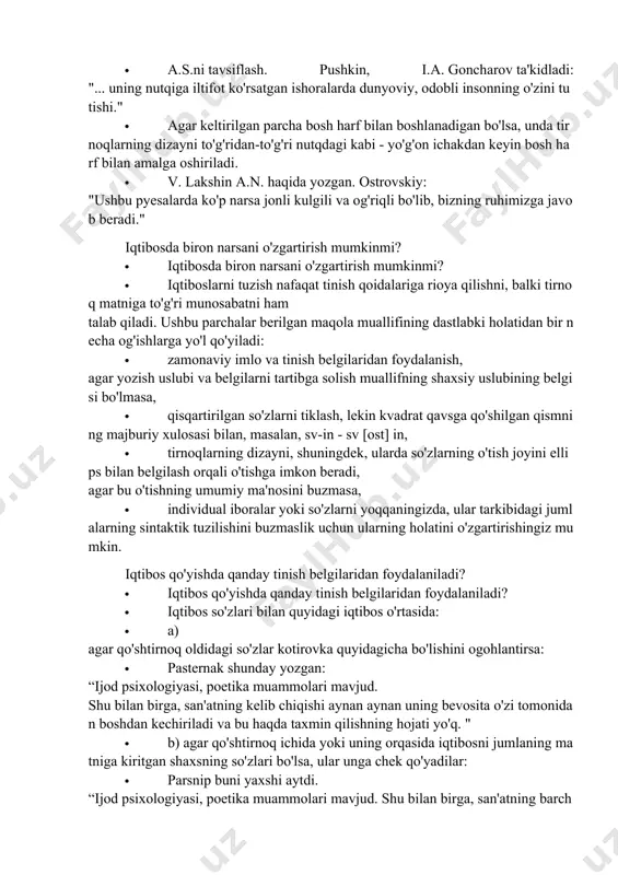 dagi so'zlar kotirovka quyidagicha bo'lishini ogohlantirsa: · pasternak shunday yozgan: “ijod psixologiyasi, poetika muammolari mavjud. shu bilan birga, san'atning kelib chiqishi aynan aynan uning bevosita o'zi tomonidan boshdan kechiriladi va bu haqda taxmin qilishning hojati yo'q. " · b) agar qo'shtirnoq ichida yoki uning orqasida iqtibosni jumlaning matniga kiritgan shaxsning so'zlari bo'lsa, ular unga chek qo'yadilar: · parsnip buni yaxshi aytdi. “ijod psixologiyasi, poetika muammolari mavjud. shu bilan birga, san'atning barchasi aynan uning kelib chiqishi bevosita bevosita boshdan kechiriladi va bu haqda o'ylashning hojati yo'q ”, deb yozadi u“ himoya xatida ”. iqtibosni ilova qilgan tirnoq belgilaridan keyin jumla oxirida: · iqtibosni ilova qilgan tirnoq belgilaridan keyin jumla oxirida: · a) agar tirnoqning oxirida biron bir alomat bo'lmasa, muddat qo'ying. agar manba havolasi darhol taklifga amal qilsa, u holda havola havolaga o'tkaziladi: · b. l. pasternak ta'kidlagan: "san'atdagi eng aniq, eng esda qolarli va muhim narsa bu uning tashqi ko'rinishi …