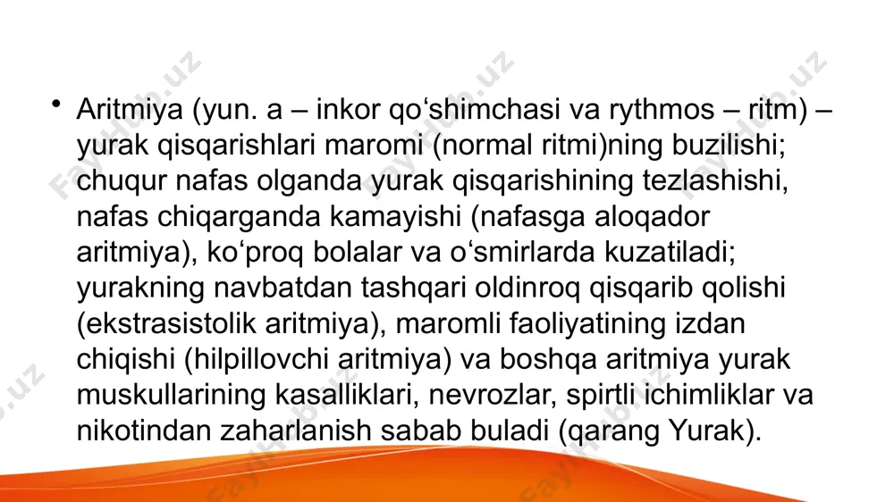 hilpillovchi aritmiyasi 1. ekgda noregulyar, bir-biridan shakli va amplitudasi boʻyicha farq qiluvchi, koʻp – minutiga 200-500 tagacha – toʻlqinlar. yurak avtomatizmi buzilishi bilan kechadigan aritmiyalar ushbu aritmiyalar 2 guruhga boʻlinadi. birinchi guruh aritmiyalarni nomotop ritmli aritmiyalar deyiladi, ushbu aritmiyalarda qoʻzgʻalishlar sinus tugunida hosil boʻladi, bularga: sinusli taxikardiya, sinusli brakdikardiya, sinusli aritmiyalar kiradi. ikkinchi guruhga kiruvchi aritmiyalarni geterotop ritmli aritmiyalar, yaʼni sinus boʻlmacha tugunlarni boʻshashi sindromi deyiladi. ushbu aritmiyalarda impulslar sinus tugunda emas, balki oʻtkazuvchi tizimning u yoki bu qismida yuzaga keladi, atrioventrikulyar ritm, yurak ritmini taʼminlovchi qisqarishlar migratsiyasi, boʻlmacha qisqarishlarining toʻxtashi, idioventrikulyar ritm, interferlovchi dissotsiatsiyalar ushbu aritmiyalarga misol boʻladi. atrioventrikulyar ritm yurak ritmini boshqaruvchisi ushbu aritmiyada, sinus tuguni boʻlmay, balki atrioventrikulyar tugun boʻlib qoladi, lekin ushbu aritmiya rivojlanishida impuls tugunning qaysi qismidan hosil boʻlayotganligi ham katta ahamiyatga ega. impulslar yuqori boʻlmacha sohasida, oʻrta boʻlmacha va qorincha chegarasida, quyi qorincha soxalarida hosil boʻladi. ushbu aritmiya, yurak faoliyatiga sezilarli salbiy taʼsir koʻrsatmaydi, …