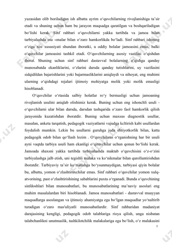 a kcltirish kabi usullardan foydalish mumkin. lekin bu usullarni guruhga juda ehtiyotkorlik bilan, katta pedagogik odob bilan qoʻllash lozim . oʻquvchilarni oʻrganishning har bir usuli ayni vaqtda tarbiya usuli ham ekanligi oʻqituvchilar uchun qonun boʻlishi kerak. jamoada shaxsni yakka tartibda tarbiyalashda maktab oʻquvchisini oʻz-oʻzini tarbiyalashga jalb etish, uni tegishli malaka va koʻnikmalar bilan qurollantirishdan iboratdir. tarbiyaviy ta’sir koʻrsatishga boʻysunmaydigan, tarbiyasi qiyin bolalar bu, albatta, yomon oʻzlashtiruvchilar emas. sinf rahbari oʻquvchilar yomon xulq-atvorining, past oʻzlashtirishining sabablarini puxta oʻrganadi. bunda oʻquvchining sinfdoshlari bilan munosabatlari, bu munosabatlarining ma’naviy asoslari eng muhim masalalardan biri hisoblanadi. jamoa munosabatlari - dastavval muayyan maqsadlarga asoslangan va ijtimoiy ahamiyatga ega boʻlgan maqsadlar yoʻnaltirib turadigan oʻzaro mas'uliyatli munosabatlardir. sinf rahbaridan madaniyat darajasining kengligi, pedagogik odob talablariga rioya qilish, unga nisbatan talabchanlikni unutmaslik, tashkilotchilik malakalariga ega boʻlish, oʻz malakasini oshirib borish bilan birga ishga ijodiy yondashish talab etiladi. sinf rahbari pedagoglar, ota-onalar oʻquvchilarni oʻzaro bogʻlovchi shaxs sifatida barcha tomonlarining nuqtai …