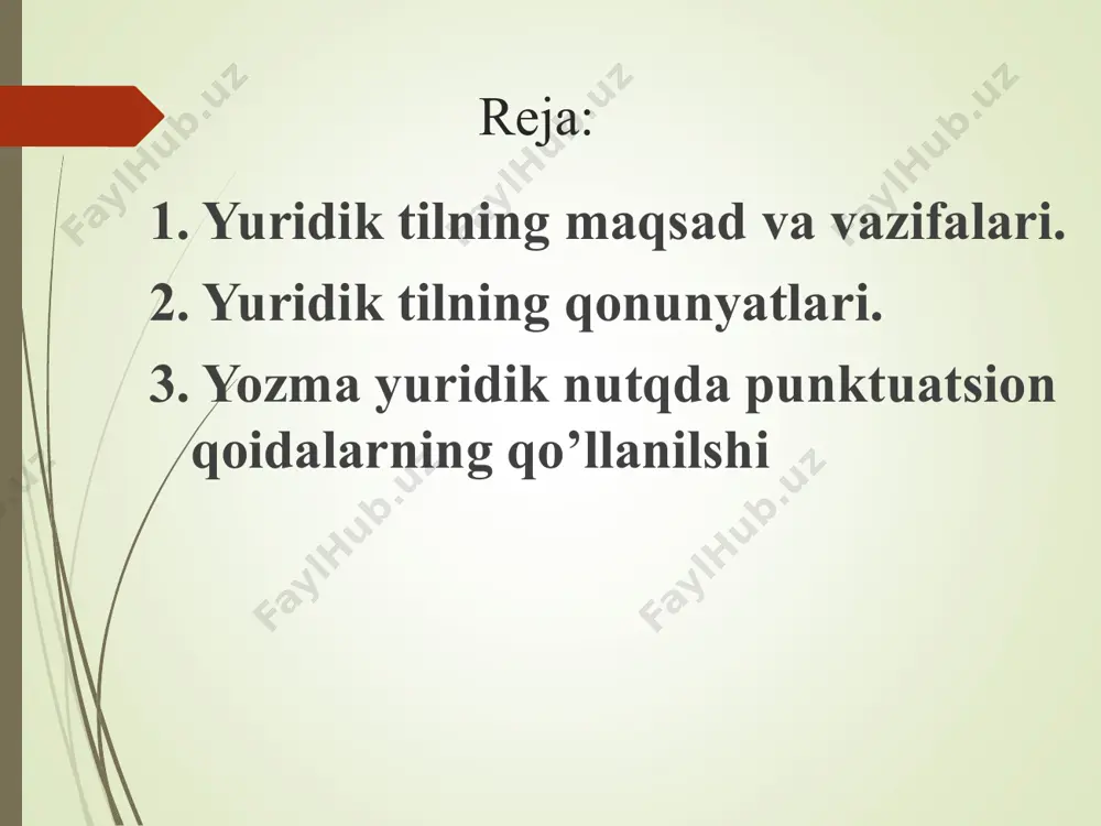 ozim. tushunilishi qiyin bo’lgan terminlardan iloji boricha foydalanmaslik agar yuristlar yoki mutahasislar uchun tushunarsiz termin qo’llansa izoh berish kerak. yuridik tilning qonunyatlari so’z boyligi va grammatik qurilishi adabiy til meyorlari va nutq uslublari haqida malumot berish hamda bular to’g’risida tushunchalar hosil qilish. punktuatsiya va uning yozma nutqni ifodalashdagi ahmyati haqida punktuatsyaning yozma nutq bilan aloqadorligi haqida malumot berish talabalarda imloviy va ishoraviy savodxonlik masalalari hamda ko’nikmalarni hosil qilish. matn matn turlari ularning tuzilishi grammatik va matn hosil qiluvchi vositalar va omillar haqida tushuncha berish. e’tiboringiz uchun raxmat