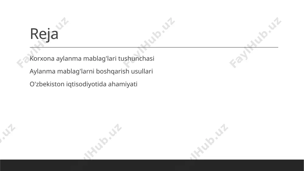 i aktivlar orqali, korxonalarning likvidligini oshirib, to'lov qobiliyatini yaxshilaydi va moliyaviy xavflarni kamaytiradi. strategik boshqarish aylanma mablag'larni samarali boshqarish, korxonalar uchun moliyaviy barqarorlikni ta’minlaydi, zaruriyatlarga tez moslashish imkonini beradi va raqobatbardoshlikni oshiradi. aylanma mablag'larni boshqarish: asosiy tamoyillar va strategiyalar. aylanma mablag'lari ta'rifi aylanma mablag'lari, korxonaning kundalik operatsiyalarini moliyalashtirish uchun zarur bo'lgan qisqa muddatli aktivlar va majburiyatlardir. asosiy tamoyillar aylanma mablag'larni boshqarishning asosiy tamoyillari likvidlik, rentabellik va xavfsizlikni ta'minlashni o'z ichiga oladi, bu esa korxonaning barqarorligini ta'minlaydi. strategiyalarni ishlab chiqish samarali aylanma mablag'larni boshqarish uchun strategiyalar, kassa oqimini nazorat qilish, xarajatlarni kamaytirish va qarzlarni boshqarishni o'z ichiga oladi. innovatsion yondashuvlar innovatsion yondashuvlar, masalan, raqamli moliya va analitika, aylanma mablag'larni boshqarishda samaradorlikni oshirishga yordam beradi va raqobatbardoshlikni kuchaytiradi. aylanma mablag'larni boshqarish usullari: moliya va samaradorlik. moliya strategiyalari samaradorlikni oshirish innovatsion yondoshuvlar aylanma mablag'larni boshqarishda moliya strategiyalari, likvidlikni ta'minlash va xarajatlarni optimallashtirish orqali korxona samaradorligini oshirishga yordam beradi. aylanma mablag'larni samarali boshqarish, inventarizatsiya …