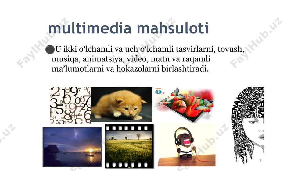 hrirlash va kliplar yaratish, shu jumladan ovoz va tasvirni sinxronlashtirish; internetda multimedia hozirgi vaqtda internetda oqimli audio va video texnologiyalari keng tarqaldi. internet orqali efirga uzatiladigan juda ko'p radio va televidenie stantsiyalari mavjud. dunyo bo'ylab turli joylarda (shahar ko'chalarida, muzeylarda, qo'riqxonalarda va hokazo) o'rnatilgan va tasvirlarni uzluksiz uzatuvchi livecam videokameralari keng tarqalgan. ovozli signalni siqish va uning teskari dekompressiyasi chaqirilgan maxsus dasturiy modullar tomonidan amalga oshiriladi kodeklar (kodlovchi-dekoderlar). 21 ovozli signalning siqilish darajasini tavsiflash uchun,bit tezligi- audio signal qayta tiklanganda siqilgan ma'lumot dekoderga kelishi kerak bo'lgan bit tezligi. 22 ta'riflar modellashtirish - real hayot ob'ektlari, hodisalari yoki jarayonlari asosida ushbu hodisalarning tushuntirishlarini olish uchun modellarni o'rganish va qurish. uch o'lchovli grafika uch o'lchovli fazoda ob'ektlarni taqlid qilish orqali video yoki tasvirni yaratadigan kompyuter grafikasi. 3d modellashtirish ob'ektning uch o'lchovli modelini yaratish (modellash)ning to'liq jarayonidir. interaktiv ta’lim modellari- bu o'qituvchi va talaba o'rtasidagi faol munosabatlarga hissa qo'shadigan turli xil ta'lim tizimlari. …