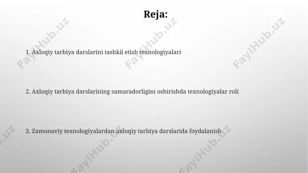 mumkin, bu esa moral ta'lim samaradorligini 20% ga yaxshilaydi. gamifikatsiya elementlarini qo'llash orqali. axloq ta'limi darslarini tashkil etish texnologiyalari axloq ta'limi darslarida interfaol o'yinlardan, masalan, 5-10 daqiqalik rollarni ijro etish yoki munozaralar orqali 30% ga yaqinroq samaradorlikni oshirish mumkin. onlayn platformalar, jumladan, google classroom yoki moodle orqali 15 ta turli xil interaktiv resurslarni qo'llab, o'quv jarayonini diversifikatsiya qilish va o'quvchilarning 90% qiziqishini oshirish mumkin. o'qituvchilarning raqamli savodxonligi raqamli savodxonlik darajasini baholash uchun kamida 3 ta turli xil test yoki baholash vositalaridan foydalanish tavsiya etiladi, bu esa o'qituvchilarning mahorat darajasini aniqroq ko'rsatadi. interaktiv o'quv materiallarini yaratish va qo'llash bo'yicha o'qituvchilarning malakasini oshirishga 5 soatdan kam bo'lmagan vaqt ajratish zarur. bu raqamli vositalarni integratsiyasi samaradorligini oshiradi. aloqa va hamkorlikni ta'minlash onlayn platformalar orqali, masalan, google classroom yoki zoom kabi vositalar yordamida 20 dan ortiq o'quvchilar bilan bir vaqtning o'zida samarali aloqa va hamkorlikni o'rnatish mumkin. aloqa va hamkorlikni ta'minlashda 3-5 kishilik kichik …