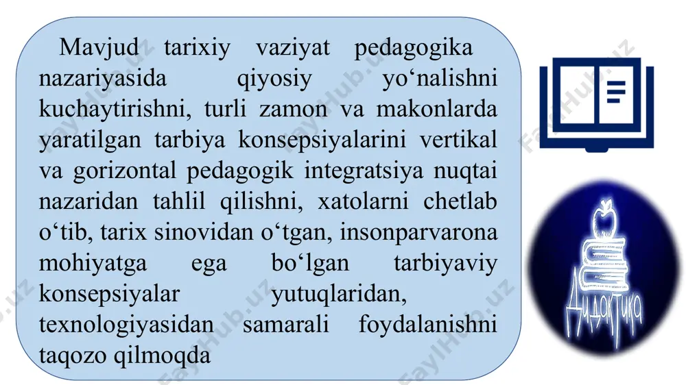 ksak axloqiy sifatlar, fazilatlar, ziyolilik, sog‘lom mushohadalik ruhida tarbiyalanganlikni o‘z vatanida qabul kilingan xush xulqlik bilan uyg‘unlashtirib, takomiliga etkazgan fransuzdir" quyida turli zamon va makonlarda yaratilgan tarbiyaviy konsepsiyalar va qarashlar, dasturlarning qisqacha tavsiflarini keltiramiz. zero bunday qiyosiy pedagogik yondashuv milliy tarbiyaning izchilligini, tamoyillarini, mazmunini, usullarini, vositalarini belgilashning tarixiy pedagogik manbalarini ko‘rsatishga xizmat qiladi avesto: axloqiy uchlik tamoyili. avestoning butun axloq-odobi gumata (gumata) yaxshi fikr), gukta (gukta) yaxshi so‘z), gvarshta (gvarshta) yaxshi ish) da ifodalanadi. avestoda faqat bitta xalqning emas, balki eron, markaziy osiyo va ozarbajon xalqlarining mushtarak, umumiy qimmatga ega bo‘lgan tarbiyaviy qadriyatlari aks etgan. shariat: markaziy osiyoga islom dini bilan kirib kelgan qur’oni karim asosida ishlab chiqilgan, jinoiy, fuqarolik va axloq odob qoidalari majmui. shariat diniy-huquqiy tizim sifatida xi-xii asrlarda tugal shakllangan. shariatda barcha hatti-harakatlar dastlab ikki turga – harom va halolga ajratilgan. keyinchalik 5 turga: farz bajarilishi qat’iy, majburiy hisoblangan axloq me’yorlari; manbud (sunnat) – majburiy emas, lekin …