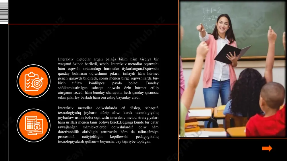 nıń ushın da biz eń aldı menen oqıtıw metodin jana texnologiyalarda qollanıw arqalı oqiwshilarge fizika tiykarların úyreniw, alǵan bilimlerin ámeliyatqa qollanıw kónlikpesin qáliplestiriwge erisiwimiz zárúr. fizika pánin oqitiw procesinde oqiwshilarge, pánniń mazmuni, yagniy fizika tiykarları, oqıtıw-oqıtıwshı iskerliginen ibarat bolıp, tájiriybe hám texnikalıq qurallar tiykarında pándi bayanlaw, oqıwshılardıń óz betinshe jumısların basqarıw, olardıń bilim hám kónlikpelerin sınaw, oqıw-oqıwshılardıń kóp qırlı aqılıy hám fizikalıq oqıw iskerlikleri, oqıtıw quralları: sabaqlıqlar, ásbaplar, texnika qurallarınıń túrleri, mazmun-mánisin sińdiriwimiz zárúr esaplanadı. fizika oqıtıw metodında oqıw-tárbiya procesiniń tómendegi tiykarǵı máseleleri kórip shıǵıladı hám sheshiledi. dáslep aldınǵı oqıtıwshılardıń tájiriybeleri, tiyisli ádebiyatlar, oqıwshılardıń bilim alıwdaǵı iskerligi úyreniledi.hár bir sabaq, oqiw pániniń ózine tán texnologiyası bar. muǵallim hám studenttiń maqseti unamlı nátiyjege erisiw eken, sabaqta qanday texnologiyadan paydalanıw olardıń ıqtıyarında. muǵallimniń sheberligine qarap, kompyuter menen islew, film, tarqatpa material, plakat, málimleme texnologiyası, túrli ádebiyatlar, puxta jobalastırılǵan interaktiv usıllar qollanılıwı múmkin.berilgen tema materialların bayanlawda bilim alıwshılarǵa sorawlar berip barıw da jaqsı …