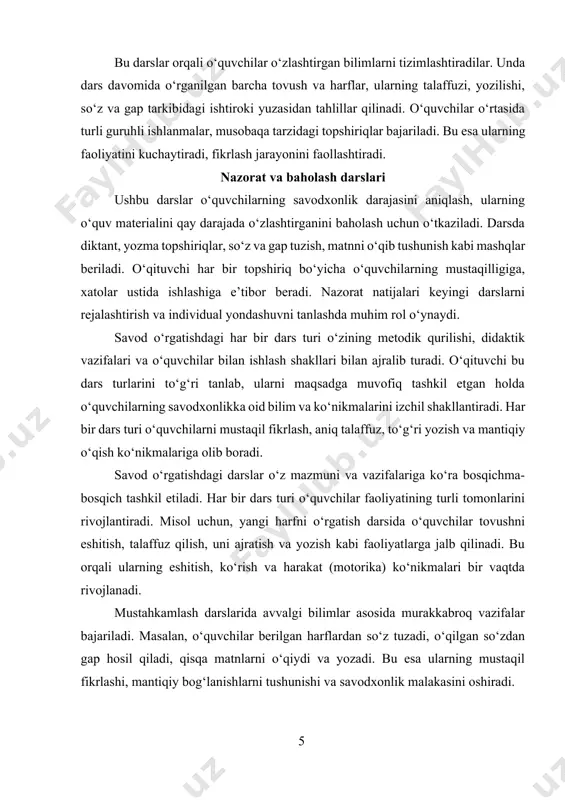 hga xizmat qiladi. bunday darslarda o‘yinli metodlar, savol-javoblar, yodlash, dikant, test va boshqa interfaol usullar qo‘llaniladi. bu orqali o‘quvchilar faollikka undaladi, o‘z bilimlarini ko‘rsatishga harakat qiladi va baholanadi. shuningdek, dars turlarining xususiyatlaridan biri — ularning moslashuvchanligi. ya’ni, o‘qituvchi dars turi va shaklini o‘quvchilar tayyorgarligi, mavzuning murakkabligi va o‘quv dasturi talablariga qarab moslashtiradi. shu orqali har bir o‘quvchining individualligini hisobga olish mumkin bo‘ladi. yana bir muhim xususiyat — darslarning izchilligi va ketma-ketligi. har bir dars turi oldingi darsda olingan bilimlar ustiga quriladi. bu esa bilimlarning chuqur va barqaror shakllanishiga zamin yaratadi. savod o‘rgatishdagi dars tiplari bir-birini to‘ldiradi, har biri alohida didaktik vazifani bajaradi va o‘quvchilarni bosqichma-bosqich savodli inson sifatida shakllantirishga xizmat qiladi. o‘qituvchining vazifasi esa bu dars turlarini puxta rejalashtirish, ularni mazmunli va samarali tashkil etishdan iborat. savod o‘rgatish jarayonida qo‘llaniladigan har bir dars turi o‘ziga xos metodik yondashuvlarni talab qiladi. masalan, yangi tovush va harflarni o‘rgatish darslarida ko‘proq namoyish, tinglab …