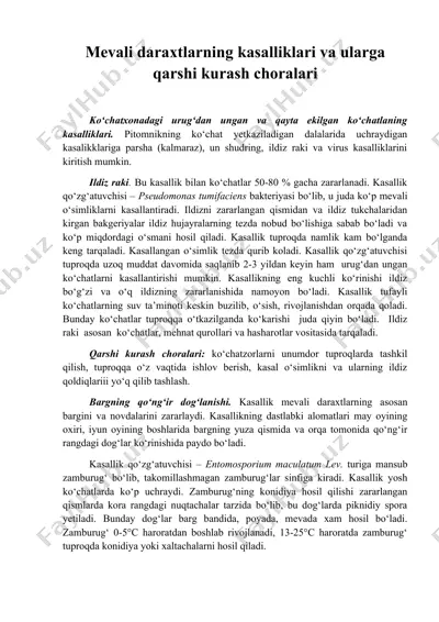 mevali daraxtlarning kasalliklari va ularga qarshi kurash choralari — DOC