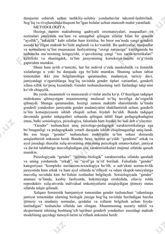 i, “xotin-qizlar va erkaklar uchun teng huquq hamda imkoniyatlar kafolatlari to‘g‘risida”gi qonunga asoslangan hozirda hujjat bo‘yicha tegishli idora va tashkilotlarning fikrlari o‘rganilib, muhokama jarayoni olib borilmoqda. strategiya shu yilning fevral oyida tasdiqlanishi kutilyapti. strategiyada qayd etilgan maqsadlarga 2030 yil-gacha erishish rejalashtirilgan. respublikamizda qaror topgan zamonaviy shart-sharoitlarda ta’limiy, tarbiyaviy, iqtisodiy, ijtimoiy va madaniy funksiyalarni bajarmoqda. hozirgi kunda jamiyatimizda ijtimoiy-iqtisodiy o‘zgarishlarning jadal amalga oshiri-lishi, ta’lim tizimining bosqichma-bosqich isloh qilib borilishi – murakkab ijtimoiy hodisa sifatida umume’tibofli va ma’naviy qiziqishiga molik jarayonga aylandi. ta’lim tizimining umumiy maqsadi teng huquqli va demo-kratik davlat talabiga javob beruvchi jamiyat a’zolarini tarbiyalab berishdan iboratdir. demak, kasbiy faoliyatga pedagogik faollashuv yordamida inson hayotiga, shaxs tarbiyasiga, ijtimoiy munosabatlarrivojlanishiga ma’lum ta’sir ko‘rsatish mumkin. faol o‘qituvchi shaxsini shakllantiish ijtimoiy uyg‘unlashuvi esa ta’limni taraqqiy ettirishning muhim omili hisoblanadi. pedagogik faoliyatning obro‘-e’tiborini va ijtimoiy maqomini oshirish yuzasidan davlat siyosati ro‘yobga chiqariladi. ta’lim oluvchilarning va pedagog-larning o‘qishi, sog‘liga va dam olishi uchun zarur sharoitlar …