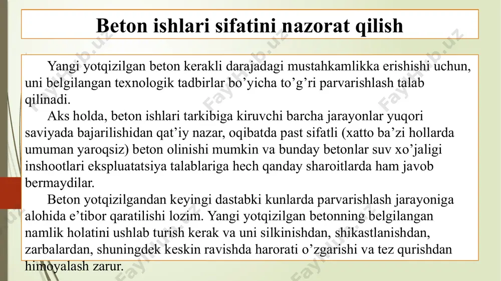 ag’al, chaqiq toshlar, armaturalar, yog’och materiallari va boshqalar) qabul qilish va saqlashda; armatura konstruktsiyalari va elementlarini tayyorlash va yig’ishda; qoliplar elementlari, tayanch konstruksiyalarini tayyorlash, yig’ish va o’rnatish: qurilish blokini betonlashtirishga tayyorlashda; beton qorishmasini tayyorlash va tashish jarayonlarida; beton qotish davrida, uni parvarishlash jarayonida. boshlang’ich materiallar sifat ko’rsatkichlari qurilish laboratoriyalarida qabul qilingan uslublarda aniqlab, nazorat qilib boriladi. beton ishlari sifatini nazorat qilish armatura ishlarini tashkil qilishda, dastlab olib kelingan metal mahsulotlarining zavodda belgilangan rusumlari (markalari) sifatlari tekshirilib, qabul qilinadi. ular o’lchamlari, rusumlari bo’yicha belgilangan joylarda saqlanishga e’tibor berilishi kerak. armatura elementlari va konstruksiyalarini tayyorlashda esa, ularning o’lchamlari, shakllari aniq bo’lishini va ayniqsa, payvandlash ishlari texnologiyasiga jiddiy ravishda rioya qilinishini nazorat qilish zarurdir. betonlashtiriladigan qurilish bloklarida armatura elementlari va konstruksiyalari to’la ravishda o’rnatilgandan so’ng, ularning o’lchamlari va joylashishi yakuniy nazoratdan o’tkaziladi. beton ishlari sifatini nazorat qilish beton qorishmasini tayyorlash jarayonida, barcha materiallarning (sement, shag’al, qum, suv va qo’shimchalar) aniq miqdorda qadoqlanishi, ularni …