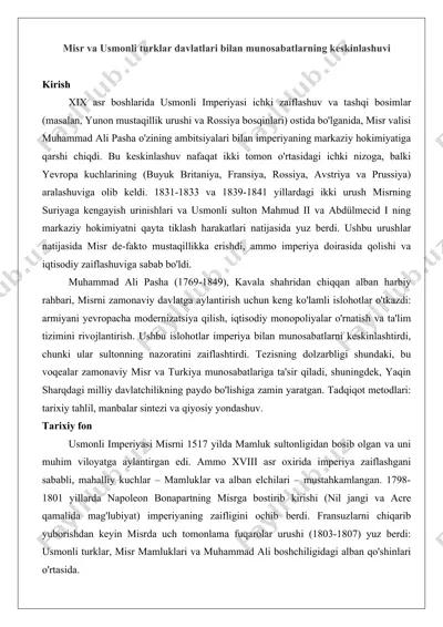 misr va usmonli turklar davlatlari bilan munosabatlarning keskinlashuvi tezis. — DOCX