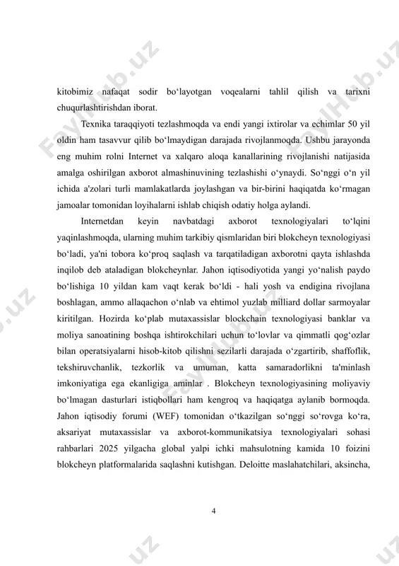 tning kamida 10 foizini blokcheyn platformalarida saqlashni kutishgan. deloitte maslahatchilari, aksincha, texnologiyani qabul qilish ancha tezroq sodir bo‘lishiga ishonishadi, chunki unga talab turli sektorlar tomonidan eshitiladi[footnoteref:1]. mutaxassislarning fikriga ko‘ra, ular kripto-valyutalarga emas, balki tarqatilgan daftar texnologiyasiga qiziqishmoqda: «garchi bitcoin blokcheyn tufayli amalga oshgan bo‘lsa-da, u hali ham juda ko‘p narsalarni qilishi mumkin. bizni ushbu boshqa imkoniyatlar qiziqtiradi. blockchain ko‘plab mavjud biznes modellarini buzishi mumkin. shunday qilib, bank ishi juda qiyin muammolarga duch kelishi sir emas. xarajatlarni sezilarli darajada pasaytirish va samaradorlikni oshirish imkoniyatini beradigan texnologiyani e'tiborsiz qoldirish mas'uliyatsizlik bo‘ladi "[footnoteref:2]. davlat idoralari ham bunda katta salohiyatni ko‘rishadi, lekin ular tez-tez kutib, texnologiya va unga bog‘liq bo‘lgan xatarlarni o‘rganishadi. [1: new business models in emerging markets, m.j.eyring, m.w.johnson, h.nair, harvard business review, jenuary-february, 2011, pp.89-95.] [2: salixov s.a. innovatsion faoliyatni boshqarish. darslik. – t.: tdiu, 2013.] faqatgina ba'zi mamlakatlar va mintaqalarda ushbu texnologiyani tartibga solishga kompleks yondashuv ishlab chiqila boshlandi. blockchain …