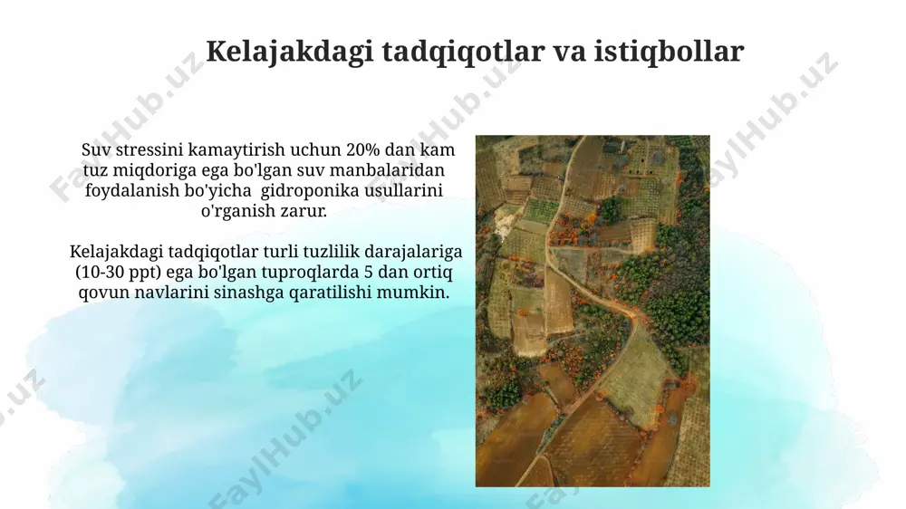 aniqlashda ph darajasi ham muhim rol o'ynaydi; 8,5 dan yuqori ph qiymatlari yuqori darajadagi sho'rlanishni bildiradi. zararkunandalar va kasalliklarga qarshi kurash fusarium va verticilium kabi qo'ziqorin kasalliklariga qarshi kurashda, biologik preparatlarni (trichoderma, bacillus subtilis) qo'llash samaradorligi 70-80% ga yetadi. zararkunandalarga qarshi kurashda, integratsiyalashgan yondashuvni qo'llash, ya'ni biologik va kimyoviy usullarni maqsadli ravishda birlashtirish zararkunandalar sonini 50% gacha kamaytirishi mumkin. agrotexnika xaritasini tuzish metodologiyasi melonga mos keladigan tuproq tuzilmasi va unumdorligini baholash uchun kamida 3 ta differentsial o'g'itlash varianti sinab ko'riladi va hosildorlik ko'rsatkichlari 1 kv.m ga hisoblanadi. agrotexnika xaritasini tuzishda tuproqning sho`rlanish darajasini aniqlash uchun 5 nuqtadan kam bo'lmagan namunalar olinib, elektroprovodnost (ec) ko'rsatkichi o'lchanadi va tuz tarkibi tahlil qilinadi. geografik axborot tizimlaridan (git) foydalanish git platformalarida 3d modellashtirish orqali tuproqning shoʻrlanish darajasi, suv sathining chuqurligi va relyef xususiyatlarini birlashtirib, qovun yetishtirish uchun optimal maydonlarni aniqlash mumkin. git texnologiyalari yordamida 50 ga yaqin turli xil qovun navlarining shoʻr tuproqqa chidamlilik …