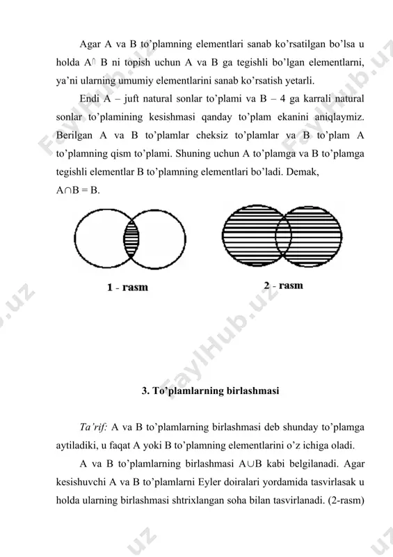 ikasiya keng qo’llaniladi. masalan, natural sonlar juft va toq sonlarga bo’linadi; burchaklar o’tkir, to’g’ri va o’tmas bo’ladi. agar: 1) x1, x2,…, xn qism to’plamlar juft-jufti bilan o’zaro kesishmasa; 2) x1, x2,…, xn qism to’plamlarning birlashmasi x to’plam bilan mos tushsa, x to’plam x1, x2,…, xn sinflarga ajratilgan deb hisoblanadi. agar shu shartlardan aqalli bittasi bajarilmasa, klassifikasiya noto’g’ri hisoblanadi. 7. to’plamlarning dekart ko’paytmasi to’plam elementlarining kelish tartibi muhim bo’lgan hollarda, matematikada elementlarning tartiblangan naborlari haqida gap boradi. mazkur masalada biz tartiblangan juftliklar bilan ish ko’ramiz. a va b elementlardan tashkil topgan tartiblangan juftlikni (a, b) bilan belgilash qabul qilingan, bunda a element juftliklarning birinchi koordinatasi (komponentasi), b element esa bu juftlikning ikkinchi koordinatasi (komponentasi) deyiladi. (a, b) va (c, d) juftliklarda a = c va b = d bo’lgan holdagina bu juftliklar teng bo’ladi. ikkita turli to’plamlar elementlaridan ham tartiblangan jutliklar hosil qilish mumkin. masalan, a = {1, 2, 3} va …