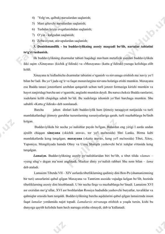 i bir-biriga bog‘liqlik. hech bir narsa ma`lum sababsiz yaralmaydi. lekin har bir hodisa yoki harakatning birlamchi sababini aniqlash mumkin emas. shuning uchun buddaviylik dunyoni shu holicha qabul qilishga chaqiradi. buddaviylik ta`limotiga ko‘ra, har qanday narsa yoki hodisa u hoh moddiy yoki ma`naviy bo‘lsin dxarma (yelement)lardan tuzilgan. bu elementlar o‘z xususiyatiga ko‘ra harakatsiz bo‘lib, ularni harakatlantiruvchi kuch insonning xayollar va so‘zlaridir. ob`yektiv haqiqat bu doimiy ravishda o‘zgarib turuvchi dxarmalar oqimidir. harakatdagi dxarmalar mavjudligining 5 formasini yaratadi: tana, sezgi, his-tuyg‘u, harakat, anglash. bu besh forma insonni tashkil qiladi. inson ular yordamida yashaydi va borliq bilan aloqada bo‘ladi, yaxshi yoki yomon ishlarni bajaradi. bu narsa insonning o‘limi bilan tugallanadi. insonni tashkil qiluvchi besh forma (skandx) o‘z navbatida qayta tug‘iladi. yangi tananing xususiyatlari asos bo‘luvchi besh natijani beradi: faoliyat, gumrohlik, xohish, istak va norma. bu protsess «hayot g‘ildiragi»ni tashkil qiladi. «hayot g‘ildiragi»da doimiy ravishda aylanib, inson abadiy qiynoqqa duchor bo‘ladi. ikkinchi haqiqat - «qiynoqlarning …