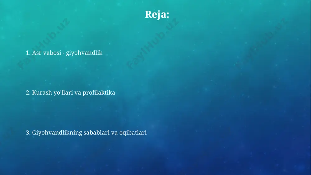 tlar mavjud. opiatlar miyada 12 ta reseptorga ta'sir etib, og'riqni kamaytiradi va evforiya keltirib chiqaradi. oldini olish va davolash reabilitatsiya markazlarida davolanish odatda 30-90 kun davom etadi, bu davrda kognitiv xulq-atvor terapiyasi va oilaviy terapiya kabi usullar orqali retsidivning oldini olishga qaratiladi. o'zbekiston tilida: e'tiboringiz uchun rahmat @taqdimot_robot image3.png image4.jpg image5.jpg image6.jpg image7.jpg image8.jpg image9.jpg image10.jpg