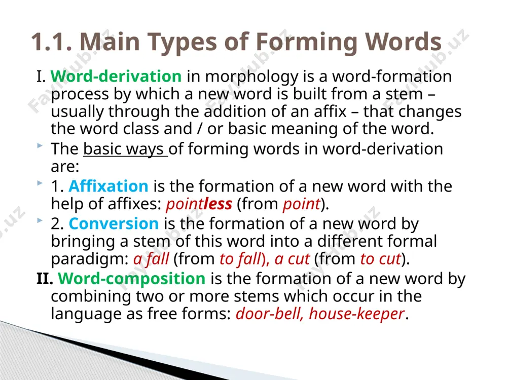 wards); -wise (likewise). semantically suffixes fall into: monosemantic:the suffix -ess has only one meaning ‘female’ – tigress, taloress; polysemantic: the suffix -hood has two meanings: ‘condition or quality’ – falsehood, womanhood; ‘collection or group’ – brotherhood. according to their generalizing denotational meaning suffixes may fall into several groups. e.g., noun-suffixes fall into those denoting: the agent of the action: -er (baker); -ant (accountant); appurtenance: -an/-ian (victorian, russian); -ese (chinese); collectivity: -dom (officialdom); -ry (pleasantry); diminutiveness:-ie (birdie); -let (cloudlet); -ling (wolfling). according to their stylistic reference suffixes may be classified into: those characterized by neutral stylistic reference: -able (agreeable); -er (writer); -ing (meeting); those having a certain stylistic value: -oid (asteroid); -tron (cyclotron). these suffixes occur usually in terms and are bookish. prefixation is the formation of words with the help of prefixes, which are derivational morphemes, affixed before the derivational base. a prefix is a derivational morpheme preceding the root-morpheme …