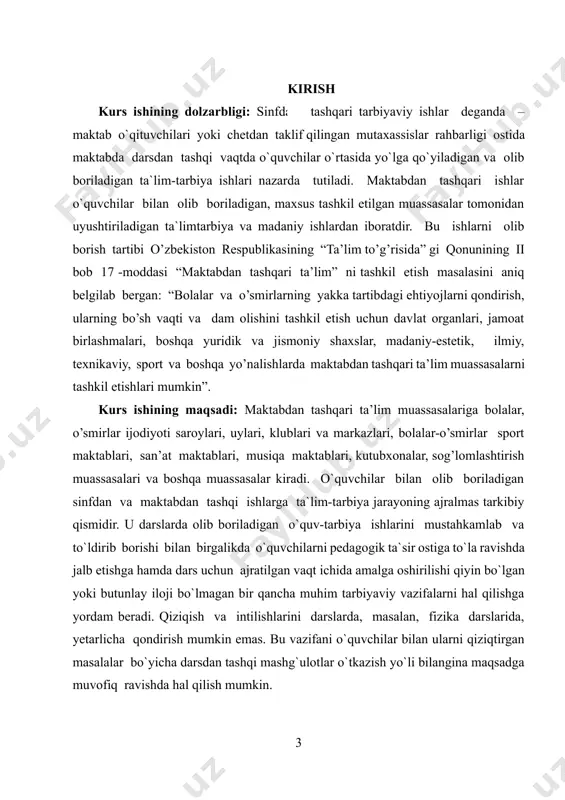 kuchiga yarasha va ular uchun qiziqarli bo`lishi kerak. kurs ishining o’bekti: sinfdan va maktabdan tashqi ishlar o`quvchilar tashkilotlari hamda ota-onalar jamoasi yordamiga suyangan holda olib boriladi. bu ishlarning eng ko`p tarqalgan shakli quyidagilar: to`garak ishlari, ommaviy tadbirlar va o`quvchilarning mustaqil individual mashg`ulotlaridir. sinfdan tashqari ishlarni o’z ichiga olgan to’garaklar quyidagi turlarga bo’linadi; · fan to’garaklari; · kasb-hunar yo’nalishidagi to’garaklar; · sport to’garaklari; · san’at yo’nalishidagi to’garaklar. sinfdan va maktabdan tashqi ishlar o`quvchilarni ma`naviy-axloqiy ruhda tarbiyalashda, ularga bilim ber ishda muhim vosita bo`lganligi tufayli bu ishlarni keng yo`lga qo`yishga maktab direktorlari, ilmiy mudirlar, shuningdek, o`qituvchilar jamoasi katta e`tibor berishi, «kamolot»va «kamalak» tashkilotlari, ota-onalar jamoasiva maktab rahbaralri yordamidan har tomonlama foydalanish kerak. kurs ishining predmeti: o`quvchilar bilan olib boriladigan sinfdan va maktabdan tashqi ishlarni o`qituvchilar jon dillari bilan sevishlari, bu ishga rahbarlik qilishda ishtirok etishni o`zlarining eng muhim vazifalaridan biri deb bilishlari zarur. maktabning yangi vazifasi har bir o`qituvchidan faqatgina o`z fani …