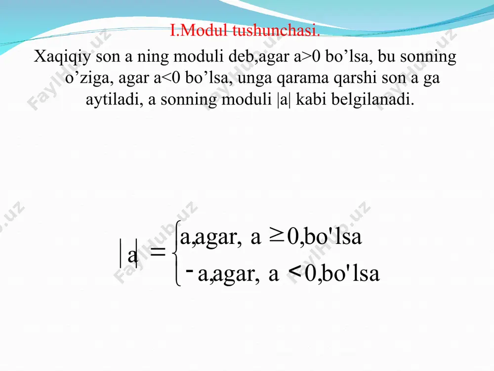 nday tenglamani yechish uchun, tenglamaning har ikkala tomonini kvadratga oshirib ishlash kifoya. masalan: |2x-3|=|x+1| tenglamani yechamiz. tenglamaning har ikkala tomonini kvdratga ko'tarsak, (2x-3)2=(x+1)2 yoki 4x2-12x+9=x2+2x+1 bundan, x1=4 x2= yechimlarini topamiz. d) endi modul qatnashgan tenglamalarni yechishda eng samarali usullardan biri-”oraliqlar usuli” ni sizlarning e’tiboringizga havola etaman. masalan: |x-1|-2|x-2|+3|x-3|=4 tenglamani oraliqlar usulida yechamiz. bu tenglamani yechish uchun x-1=0, x-2=0, x-3=0 tenglamalarni yechib, x=1, x=2, x=3 sonlarni hosil qilamiz. bu sonlar o’qini to’rtta (i,ii,iii,iv) oraliqqa ajratadi. berilgan tenglamani shu oraliqlarning har birida yechamiz. oraliqlar usulida yechish x<1 bo’lsa, |x-1|=1-x, |x-2|=2-x, |x-3|=3-x bo’lgani uchun berilgan tenglama (1-x)-2(2-x)+3(3-x)=4 ko’rinishini oladi. bu tenglama x<1 shartni qanoatlantiruvchi yechimga ega emas. demak, berilgan tenglama (- ; 1) oralida yechimga ega emas. 1≤x<2 bo’lsa, |x-1|=x-1, |x-2|=2-x, |x-3|=3-x bo’lgani sababli, berilgan tenglama (x-1)-2(2-x)+3(3-x)=4 ko’rinishni oladi. bu tenglama soddalashtirilsa, 0*x=0 tenglama hosil bo’ladi. 0*x=0 tenglamaning 1≤x<2 tengsizlikni qanoatlantiruvchi barcha yechimlari to’plamini tuzamiz: [1;2) 2≤x<3 bo’lsa, tenglama x=2 yechimga, x ≥3 …