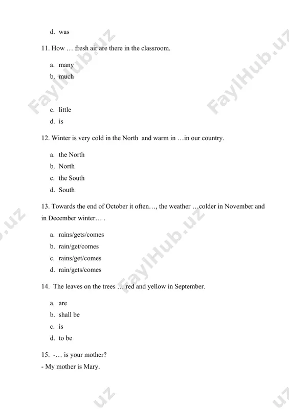 ours c. your/ our d. his/it 45. i bring…books for you. a. any b. anyone c. some d. something 46. i live in uzbekistan. …country is very rich. a. our b. theirs c. it d. they 47. my flat is large. what about …? a. mine b. your c. you d. yours 48. this is … watch and that is… . a. yours/mine b. your/yours c. my/yours d. mine/ your 49. what is … name? - …name is lola a. she /her b. her /her c. her/she d. your/my 50. i go home … foot. a. on b. by c. in d. of 51. the piano was …the center …the room. a. in/of b. on/on c. of on d. in/at 52. i live … kind people a. between b. at c. of d. among 53. uzbekistan is situated … two rivers. a. on b. in c. among d. between 54. …