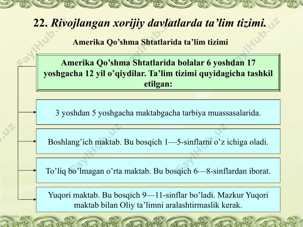 i universitetlarda har bir o’qituvchiga 8 nafar, 2-toifali universitetlarda esa 20 tadan talaba to’g’ri keladi. universitetlarga qabul qilish ikki bosqichga bo’linadi: 1-bosqichi turar joyda o’tkaziladi: buning uchun yapon, eski yapon tili, matematika, fizika, ximiya, jamiyatshunoslik, tarix bo’yicha test sinovlaridan o’tadilar. bu sinovlardan o’tgan o’quvchilar universitetlarga yo’llanma oladilar va yana sinovdan o’tadilar. xususiy universitetlarga esa to’g’ridan-to’g’ri test topshiriladi. bir qator xususiy universitetlar o’zining uzluksiz shaxobchasiga esa (bog’chadan boshlab hamma bosqichlarni qamrab oladi). universitetdan talabalarni haydab yuborish mumkin emas. lekin o’qish muddatini cho’zish mumkin (4 yillik o’qish 5-6 yilgacha cho’zilib ketishi mumkin). kollejlar: 1-kichik kollej; 2-texnik kollej 3-maxsus kollejlarga bo’linadi. uni bitirgan talabalar bakalavr diplomini oladi va universitetning 3 yoki 4 kurslariga qabul qilinadi. janubiy koreyada ta’lim tizimi mamlakatda oliy o’quv yurtlarining ishlari yaxshi yo’lga qo’yilgan. koreyada 104 ta oliy o’quv yurti bor, ularning 80 foizi xususiydir. hozir mamlakatda oliy o’quv yurtlarida o’qishga qiziqish juda kuchayib ketgan. har yili maktablarni bitiruvchilarning 40 …