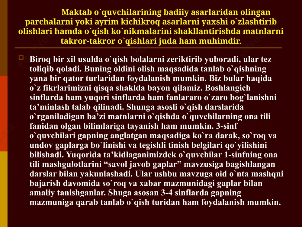 todist olim a.xo`jaevning: “maktab tajribasida ba’zan shunday xollar ham buladiki: bir o`quvchi o`qigan matn yuzasidan o`quvchilarning savollariga javob beradi, boshka bir o`quvchi esa uz sinfdoshi tomonidan aytilgan gaplar yoki bayon kilingan fikrlarni tasdik kiluvchi urinlarni matndan axtarib topadi. bu priyomni kuprok kullash tavsiya etiladi. foydalanilgan adabiyotlar: 1) “методика начального обучения математики” под редак. л.н.скаткина, москва, “просвещение”, 1972. 22-27-бетлар. 2) м.а.бантова, г.в.бельтюкова, а.м.полевшикова “бошланғич синфларда математика ўқитиш методикаси”. тошкент, ўқитувчи, 1983. 8-15-бетлар. 3) м.и.моро, а.м.пишкало “методика обучения математики в i-iii классах”. москва, просвещение, 1978. 5-10-бетлар. 4) l.sh.levenberg, m.g’.ahmedjanov, a.nurmatov “boshlang’ich sinflarda matematika o’qitish metodikasi” toshkent “o’qituvchi”, 1985. 23-43-betlar. 5) n.u.bikbayeva, f.i.sidelnikova, g.a.adambekova “boshlang’ich sinflarda matematika o’qitish metodikasi” toshkent. o’qituvchi 1996 yil. 45-54 betlar. 6) o’.q.tolipov, m.usmonbayeva “pedagogik texnologiyalarning tatbiqiy asoslari” toshkent “fan” 2006 yil, 3-bob, 149-183-betlar. 7) sh.r.rayxonov “boshlang’ich sinflarda matematika o’qitish usuliyoti (ma’rurazalar matni) 1-qism. buxoro 2004. 54-70-betlar. 8) m.jumayev, z.tojiyeva “boshlang’ich sinflarda matematika o’qitish metodikasi” toshkent, “fan va texnologiya” …