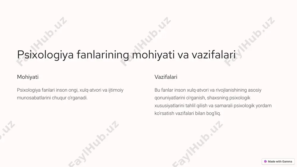 haytirishu muammoli vaziyatlar o'quvchilarning qiziqish va motivatsiyasini oshiradi. 5 psixologiya fanlarini o'qitishda mustaqil ta'lim va tadqiqot ishlarini tashkil etish mustaqil o'rganish darsdan tashqari vaqtda o'quv materiallarini mustaqil o'rganish. kuzatish va eksperiment inson xulq-atvoriga oid kuzatish va eksperimentlar o'tkazish. yuzma va og'zaki taqdimot o'rganilgan mavzu bo'yicha taqdimot va prezentatsiya qilish. yozma ishlar etiud, esse, referatlar yozish orqali bilimlarni mustahkamlash. 6 psixologiya fanlarini o'qitishda axborot-kommunikatsiya texnologiyalaridan foydalanish multimedia namoyish qilish videoroliklar, slaydlar, animatsiyalar orqali mavzularni ko'rgazmali tarzda tushuntirish. virtual laboratoriyalar kompyuter dasturlari yordamida psixologik tajribalar o'tkazish. masofaviy ta'lim internetdan foydalanish orqali virtual darslar tashkil etish. onlayn muloqot forum, chat, videokonferensiya kabi vositalar orqali o'quvchilar va o'qituvchilar o'rtasida muloqot. 7 psixologiya fanlarini o'qitishda innovatsion yondashuvlar loyiha asosida o'qitish o'quvchilar tomonidan ehtiyojga qarab loyihalar ishlab chiqish. amaliy mashg'ulotlar psixologik testlar, o'yinlar, rollar o'ynash orqali bilim va ko'nikmalarni rivojlantirish. amaliy tadqiqotlar mavzular bo'yicha kuzatuv, intervyu, so'rovnoma o'tkazish. 8 psixologiya fanlarini o'qitishda shaxsga yo'naltirilgan yondashuv individuallashtirish …