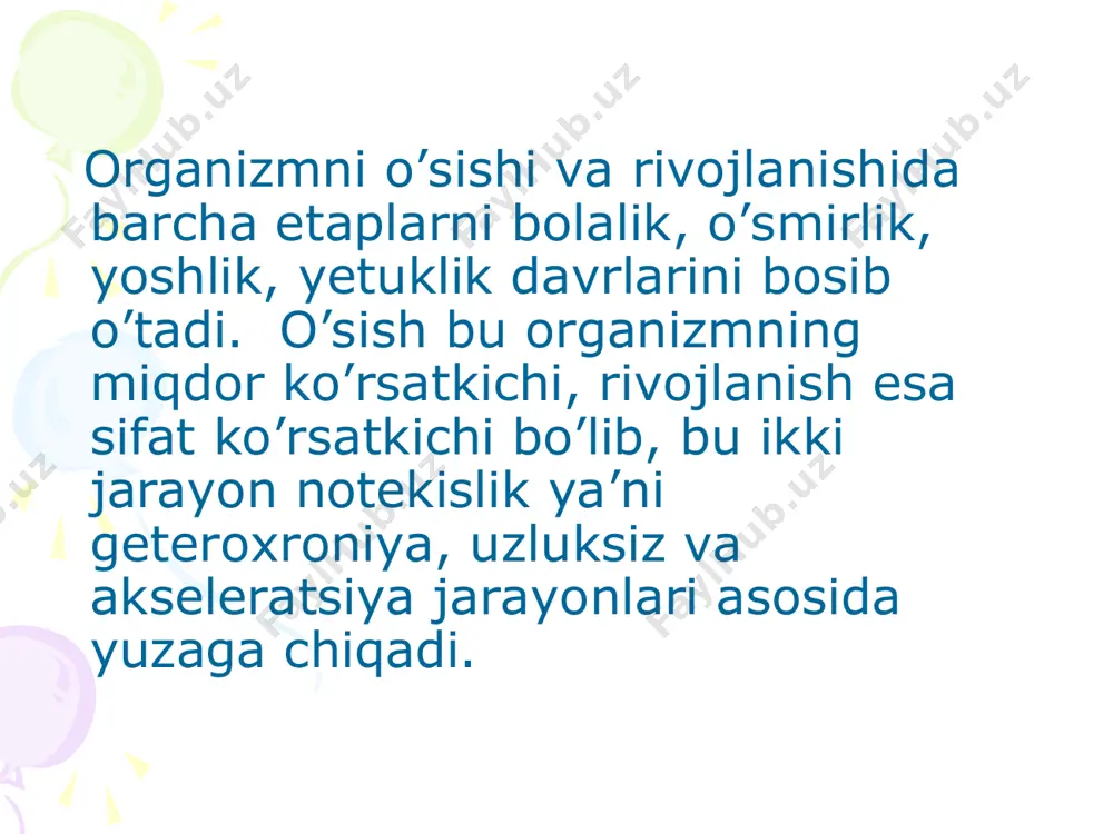 vojlanishi tez sodir bo’ladi. 2. yangi tug’ilgan davri. bu davr 2-3 haftani tashkil qiladi. ushbu davr tug’ilish vaqtidan boshlanib,to 2,5- 3,5 haftagacha davom etadi va organizmni tashqi muhit sharoitiga moslashuvi bilan tavsiflanadi. yangi tug’ilgan bolada ilk bor o’pka orqali nafas olish sodir bo’ladi va o’pkada qon aylanish funksiyasi boshlanadi. ona organizmi orqali ovqatlanish o’rniga bolaning shaxsiy ovqat hazm qilish trakti fuhksiyasi orqali ovqatlanishi amalga oshadi, analizatorlar ham organizm faoliyatida faol ishtirok etadi. ushbu davrda homilani oziqlanishini ta’minlaydigan tizimni uzilib tushishi va kindik yarasini tuzalishi sodir bo’ladi, tana og’irligini oldin kamayishi so’ngra esa tiklanishi va ortishi boshlanadi. chaqaloqlik davri. bu davr bir yilgacha davom etadi. ushbu davrda tana uzunligi1,5 barobar kattalashadi va o’rtacha 75 smga yetadi, og’irligi 3 barobar ortadi va 11-12kg atrofida bo’ladi, endokrin bezlar funksiyasi tezlashadi, nutqni harakatlantiruvchi analizatorlari ancha rivojlanib bola gapirishni boshlaydi, lekin so’z boyligi kam bo’ladi, ya’ni atiga 10 tacha so’zni tashkil qiladi. yashli yosh davri. …