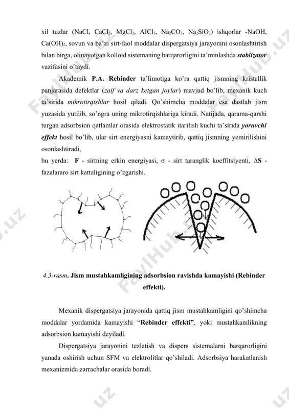 zish peptizatsiya deb ataladi. buni amalga oshirish uchun xosil bo’lgan cho’kmaga (koagulyantga) birorta elektrolit qo’shib, erituvchi bilan aralashtiriladi. shunda qaytadan zol hosil bo’ladi. kolloid eritma olishda ishlatiladigan elektrolit peptizator deyladi. elektrolitlardan tashqari peptizator sifatida ba’zi sirt-faol moddalar ishlatiladi. peptizatsiya tezligiga – elektrolit konsentratsiyasi, cho’kma holati va miqdori, harorat, aralashtirish tezligi, ph, ultratovush, radioaktiv nurlar va x.k. ta’sir etadi. agarzarracha sirtiga peptizatorning o’zi yutilib, kolloid eritma hosil bo’lsa – bevosita peptizatsiya deyiladi. fecl[footnoteref:1] +3nh4oh = fe(oh)3 +3nh4cl [1: 3+3(n− x)cl−}3x+3xcl− {[m fe(oh)3]nfe] fecl3 - peptizator agar zarracha sirtiga peptizatorning o’zi emas, uning cho’kma bilan hosil qilgan oraliq mahsuloti shimilsa – bilvosita peptizatsiya deyiladi. feocl - peptizator fe oh( )3 + hcl = feocl + 2h o2 аmorf cko kma' + − x+ {[m fe(oh)3]nfeo (n − x)cl } xcl− kondensatsiya usullari. molekulyar yoki ion o’lchamidagi zarrachalarni van-der-vaals tortilish kuchi hisobiga kolloid zarracha o’lchamigacha yiriklashtirish usuli kondensatsion usul deyiladi. ushbu usulga muvofiq …