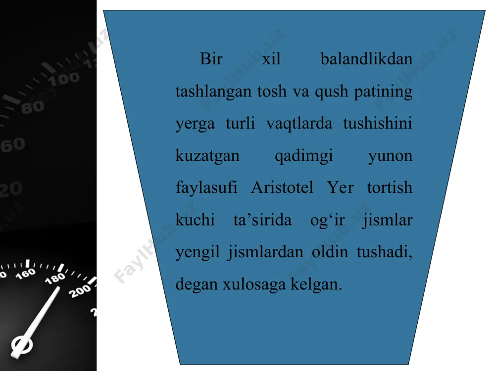 tezlanishini taqriban 9,8 m/s2, ayrim hollarda yaxlitlab 10 m/s2 ga teng deb olish mumkin. erkin tushish tezlanishi vektor kattalik bo‘lib, u har doim pastga tik yo‘nalgan bo‘ladi. * to‘g‘ri chiziqli tekis o‘zgaruvchan harakatga oid barcha formulalarni erkin tushishga qo‘llash mumkin. faqat bunda a tezlanishni g erkin tushish tezlanishi bilan, s yo‘lni h balandlik bilan almashtirish kifoya qiladi. shu tariqa erkin tushishga oid quyidagi formulalarni yozish mumkin: * * *