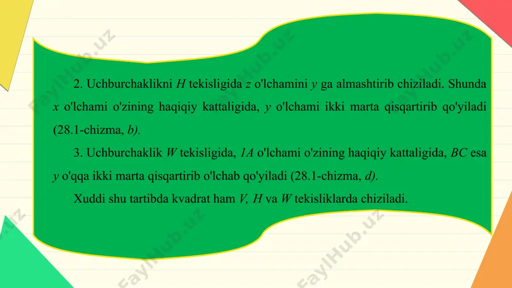 adi. bunday tasvirlanadigan aylananing aksonometriyasi chiziladigan bo'lsa, aylanani v ga parallel qilib joylashtirish tavsiya etiladi. ma'lumki, muntazam oltiburchak aylanani teng olti bo'lakka bo'lish orqali yasaladi (28.7-chizma). izometriyada chizilgan oltiburchakning nuqtalarini ketma-ket egri chiziqda silliq qilib tutashtirilsa, aylananing izometriyasi - ellips hosil bo'ladi. demak, aylana izometriyada ellips ko'rinishida tasvirlanar ekan. lekin aylanani bunday chizish ancha qiyin. standart tavsiyasiga ko'ra ellipsni to'rt markazli ovalga almashtirib chiziladi. bu ovalni bundan keyin, shartli ravishda, ellips deb yuritamiz. aylanalar izometriyada h, v, w tekisliklarda bir xil ko'rinishdagi ellipslarda tasvirlanadi (28.8-chizma). bu yerda ellipsning katta o'qi ab=l,22d ga teng tasvirlanadi. eng oldin ellipsni h tekisligida chizilishi bilan tanishtiriladi. buning uchun: tasvirlanadigan aylana chizilib, uning markazi orqali x, y, z o'qlari hamda z ga perpendikular gorizontal yordamchi chiziq o'tkaziladi (28.9-chizma, a). bu gorizontal chiziq ellipsning katta o'qi hisoblanadi. aylana bilan kesishayotgan z o'q belgilab olinadi. z o'qi dagi 1- va 2-nuqtalarni markaz qilib 3-, 4- va 5-, …