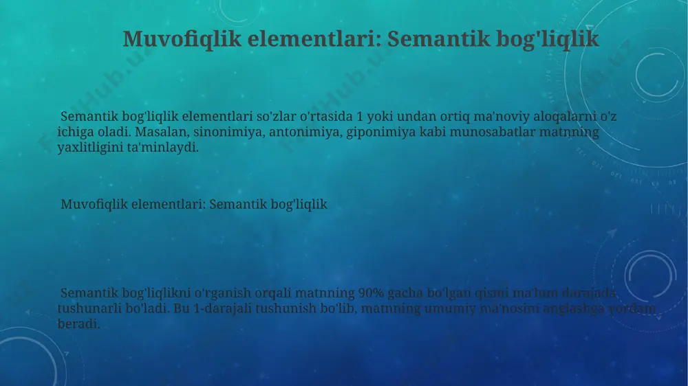 ladi. bir xil grammatik shaklga ega bo'lgan so'zlar yoki iboralar ketma-ketligi 4 yoki 5 gapni birlashtirib, matnning tushunilishini oshiradi. muvofiqlik va yaxlitlikning ahamiyati (misollar) muxtasar ma'lumotlar bog'lanish vositalari, masalan, olmoshlar (bu, u) va bog'lovchilar ("va", "lekin") matnning yaxlitligini ta'minlaydi. kamida 3 ta bunday vositani ishlatish matnni silliq qiladi. matnning mantiqiy ketma-ketligi, ya'ni koherentlik, auditoriyaga tushunarli bo'lish uchun zarur. aks holda, 5 daqiqalik taqdimot chalkashib, 0 foyda keltirishi mumkin. muvofiqlik va yaxlitlikka kirish muvofiqlik matnning mantiqiy bog'liqligi, g'oyalarning ketma-ketligi va 1 asosiy mavzuga bo'ysunishini anglatadi, bu esa matnning 100% tushunarli bo'lishiga yordam beradi. muvofiqlik va yaxlitlik matnlarda 2 asosiy tushuncha bo'lib, ularning maqsadi matnning tushunarliligini oshirish va o'quvchi uchun oson qabul qilishni ta'minlashdan iborat. yaxlitlik esa grammatik va leksik vositalar yordamida matnning unsurlarini bog'lash, masalan, bog'lovchilar, olmoshlar va 5 ta sinonimlar orqali erishiladi. matnda yaxlitlikni yaratish usullari matnda yaxlitlikni yaratish usullari grammatik bog'lanishda olmoshlar muhim rol o'ynaydi. masalan, 3-shaxs olmoshlari oldingi …