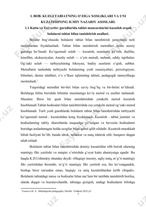metod hisoblanadi. turli yosh guruhlarda bolalarni tabiat bilan tanishtirishda tarbiyachi ko’rgazmali metod - kuzatishdan keng foydalanadi. kuzatish - tabiat jismlari va hodisalarning tabiiy sharoitlarda maqsadga yo’nalgan va bevosita hodisalarni borishga aralashmagan holda sezgilar bilan qabul qilib olishdir. kuzatish murakkab bilish faoliyati bo’lib, bunda idrok, tafakkur va nutq ishtirok etib, barqaror diqqat talab etiladi. bolalarni tabiat bilan tanishtirishda doimiy kuzatishlar olib borish ularning mantiqiy fikr yuritishi va nutqini o’stirishda g’oyat katta ahamiyatga egadir. bu haqda k.d.ushinskiy shunday deydi: «haqiqiy insoniy, aqliy nutq, to’g’ri mantiqiy fikr yuritishdan iboratdir, to’g’ri mantiqiy fikr yuritish esa, biz ko’rsatgandek, boshqa biror narsadan emas, haqiqiy va aniq kuzatishlardan kelib chiqadi». bolalarni tabiatdagi narsa va hodisalar bilan ma’lum bir tartibda tanishtirib borilsa, ularda diqqat va kuzatuvchanlik, tabiatga qiziqish, undagi hodisalarni bilishga intilish kuchayib boradi. kuzata bilish — juda muhim xususiyat bo’lib, bunda bolada to’g’ri yoza bilish, og’zaki nutq malakalari rivojlanadi. bolalarni hodisa va narsalarni maqsadga muvofiq holda o’zlashtira …