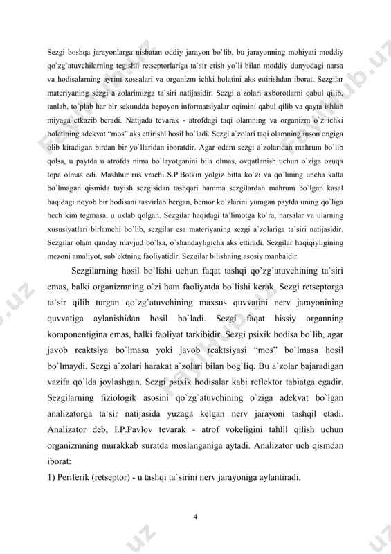 bergan, bemor ko`zlarini yumgan paytda uning qo`liga hech kim tegmasa, u uxlab qolgan. sezgilar haqidagi ta`limotga ko`ra, narsalar va ularning xususiyatlari birlamchi bo`lib, sezgilar esa materiyaning sezgi a`zolariga ta`siri natijasidir. sezgilar olam qanday mavjud bo`lsa, o`shandayligicha aks ettiradi. sezgilar haqiqiyligining mezoni amaliyot, sub`ektning faoliyatidir. sezgilar bilishning asosiy manbaidir. sezgilarning hosil bo`lishi uchun faqat tashqi qo`zg`atuvchining ta`siri emas, balki organizmning o`zi ham faoliyatda bo`lishi kerak. sezgi retseptorga ta`sir qilib turgan qo`zg`atuvchining maxsus quvvatini nerv jarayonining quvvatiga aylanishidan hosil bo`ladi. sezgi faqat hissiy organning komponentigina emas, balki faoliyat tarkibidir. sezgi psixik hodisa bo`lib, agar javob reaktsiya bo`lmasa yoki javob reaktsiyasi “mos” bo`lmasa hosil bo`lmaydi. sezgi a`zolari harakat a`zolari bilan bog`liq. bu a`zolar bajaradigan vazifa qo`lda joylashgan. sezgi psixik hodisalar kabi reflektor tabiatga egadir. sezgilarning fiziologik asosini qo`zg`atuvchining o`ziga adekvat bo`lgan analizatorga ta`sir natijasida yuzaga kelgan nerv jarayoni tashqil etadi. analizator deb, i.p.pavlov tevarak - atrof vokeligini tahlil qilish uchun organizmning murakkab suratda …