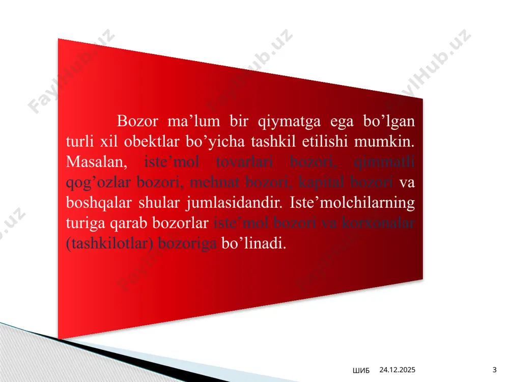 ning o’zgarishi tovar zaxiralari o’rinbosar tovarlar iste’molning tarkibi iste’molning hajmi ishlab chiqarish hajmi 27.09.2023 15 шиб 15 agar eng oxirgi sanaga ko’yunktura xolatini aniklash masalasi qo’yilgan bo’lsa, u holda iqtisodiy siklning fazasini va faza ichidagi misol tariqasidagi joyini aniqlash yo’li bilan olib boriladi. umumxo’jalik kon’yunkturaning tahlilini izlanishini maqsadiga ko’ra ikki yo’l bilan olib borish mumkin agar ma’lum bir vaqtning ichiga kon’yunkturaning rivojlanish tendensiyalari va suratlarini bilib olish masalasi qo’yilgan bulsa, u holda ko’yunktura taxlili shu vaktning ichida uning dinamikasini o’rganish yo’li bilan olib boriladi. 27.09.2023 16 шиб prognoz qilish - bu obyektning kelajagini taxlil qilish va bu kelajakni qanday bo’lishini ko’ra bilishdir. prognozning maqsadi va xizmati rasional yechimlar qabul qilish uchun muqobil iqtisodiy rivojlanish va uning ijtimoiy-iqtisodiy natijalarini ko’ra bilishdir 27.09.2023 17 шиб bozor kon’yunkturasini bashorat qilish uslublari ekstropolyasiya uslubi faktografik uslublari ekspert uslublar ekonomentrik modellar 27.09.2023 18 шиб iste’molchilarning xulq-atvori deganda tovar xarid qiluvchilarning tovarni tanlash va sotib olish …