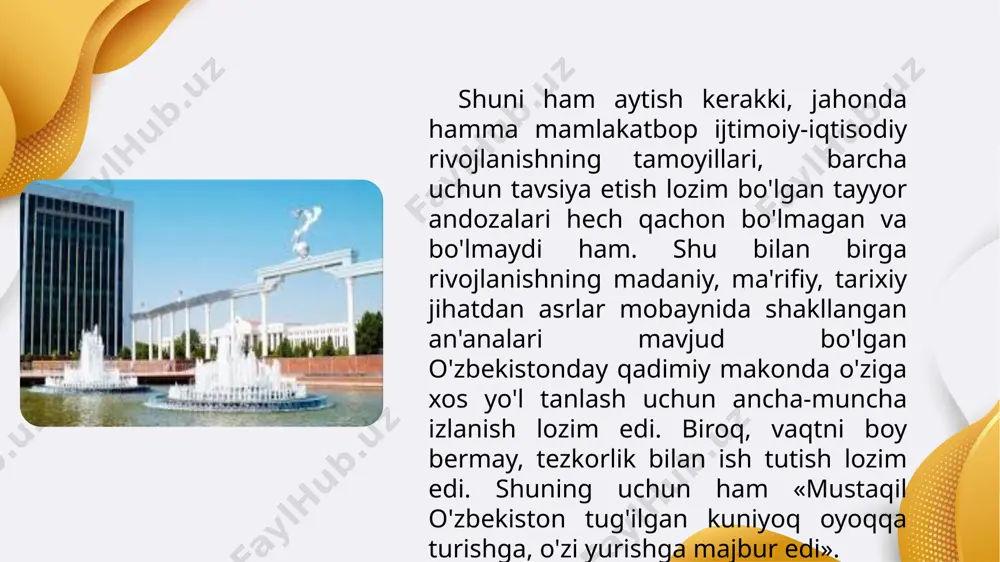 atlariga va xususiy mulk ustuvorligiga asoslangan iqtisodiyotni rivojlantirishga, xalq osoyishta va farovon hayot kechirishi uchun shart-sharoitlar yaratishga, xalqaro maydonda o'zbekistonning munosib o'rin yegallashiga qaratilgan kompleks chora-tadbirlar amalga oshirildi. o'zbekiston respublikasi prezidentining «o'zbekiston respublikasini yanada rivojlantirish bo'yicha harakatlar strategiyasi to'g'risida»gi farmoni loyihasi ishlab chiqilib, u bilan: 2017 — 2021 yillarda o'zbekiston respublikasini rivojlantirishning beshta ustuvor yo'nalishi bo'yicha harakatlar strategiyasi; harakatlar strategiyasini «xalq bilan muloqot va inson manfaatlari yili»da amalga oshirishga oid davlat dasturi (keyingi o'rinlarda — davlat dasturi) tasdiqlandi. 1. davlat va jamiyat qurilishini takomillashtirish 3. iqtisodiyotni yanada rivojlantirish va liberallashtirish; 4. ijtimoiy sohani rivojlantiris 2. qonun ustuvorligini ta'minlash va sud-huquq tizimini yanada isloh qilish1. davlat va jamiyat qurilishini takomillashtirish 5. xavfsizlik, millatlararo totuvlik va diniy bag'rikenglikni ta'minlash, chuqur o'ylangan, o'zaro manfaatli va amaliy ruhdagi tashqi siyosat yuritish. foydalanilgan adabiyotlar: 1. 2017-2021 yillarda o’zbekiston respublikasini rivojlantirishning beshta ustuvor yo’nalishi bo’yicha harakatlar strategiyasi. – toshkent: ma’naviyat, 2017. 2. o`zbekiston tarixi. 3-kitob. mustaqil …